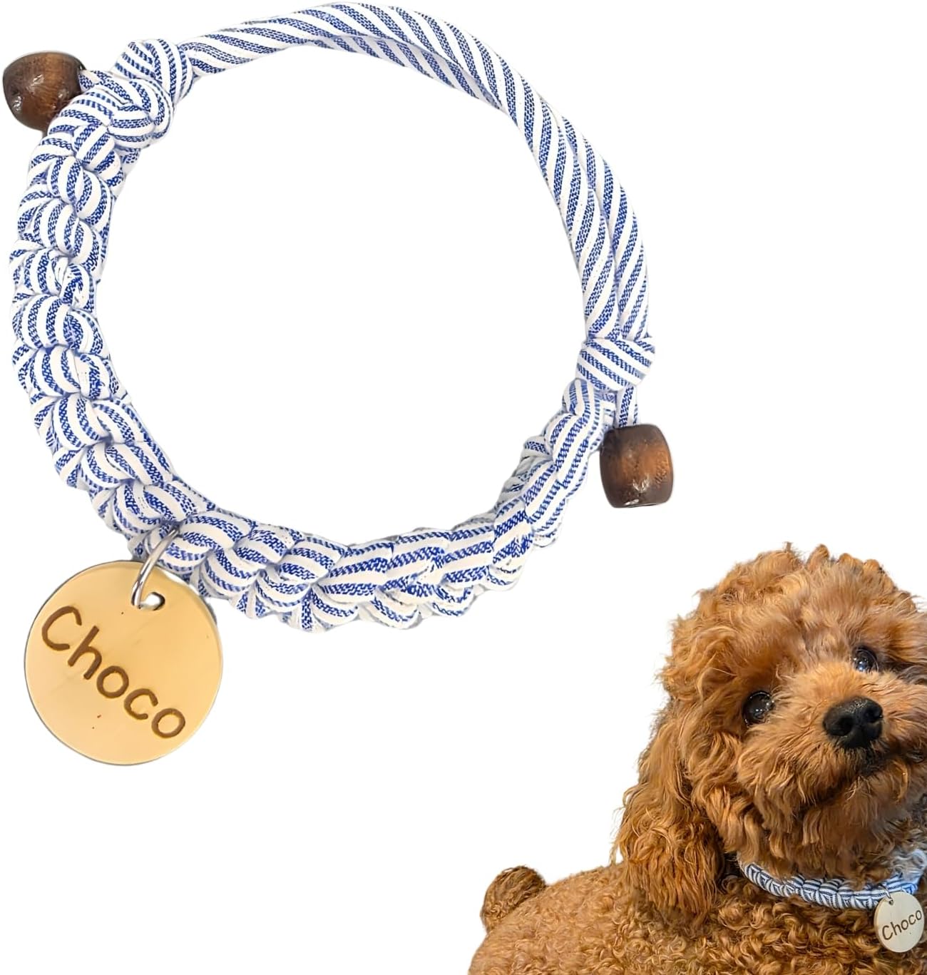 Cute Custom Cotton Dog Cat Collar with 2 Engraved Wooden Tags – Handmade Slip-On Braided Design for Puppy, Dogs & Cats Handmade in California (Small to 4XL)