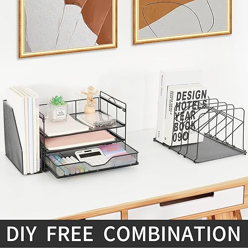 Miniatura 2 de Spacrea Desk Organizers and Accessories, 4-Tier Letter Trays Paper Organizer with File Holder and Drawer, File Organizer for Home Office Supplies