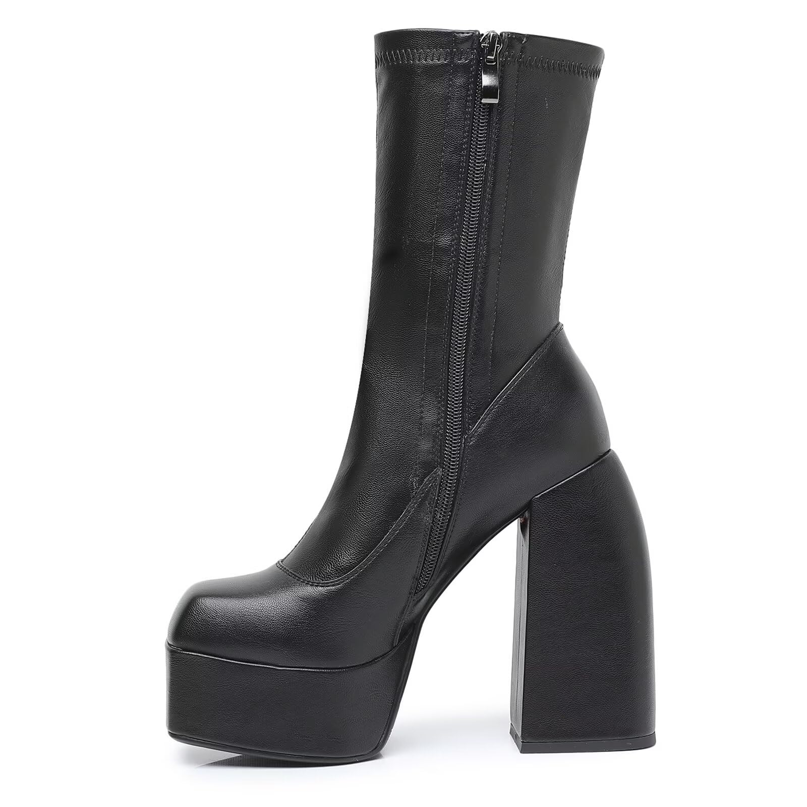Womens Mid Calf Knee High Boots High Heel Round-Toe Side Zipper Punk Style Shoes Combat Boots For Women