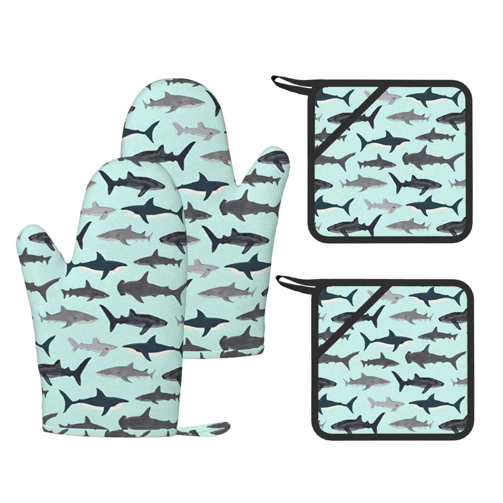 Shark Printed Cooking Mitts and Pot Holders 4 Pcs, Heat Resistant Oven Gloves with Hanging Loop Chef