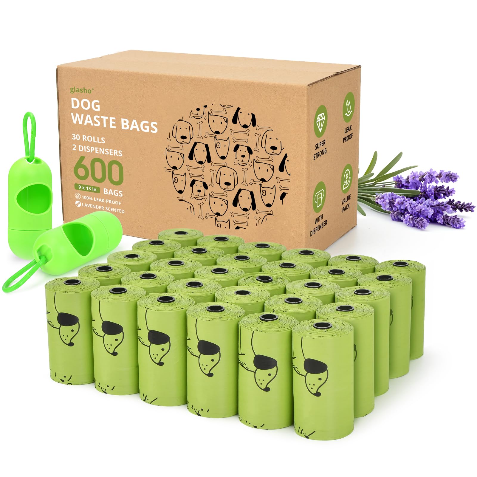 Bolsas para excrementos de perros (600 unidades, 30 rollos) con aroma a lavanda, a prueba de fugas, bolsas de basura fuertes de 13 x 9 pulgadas con dispensador, verde/a granel