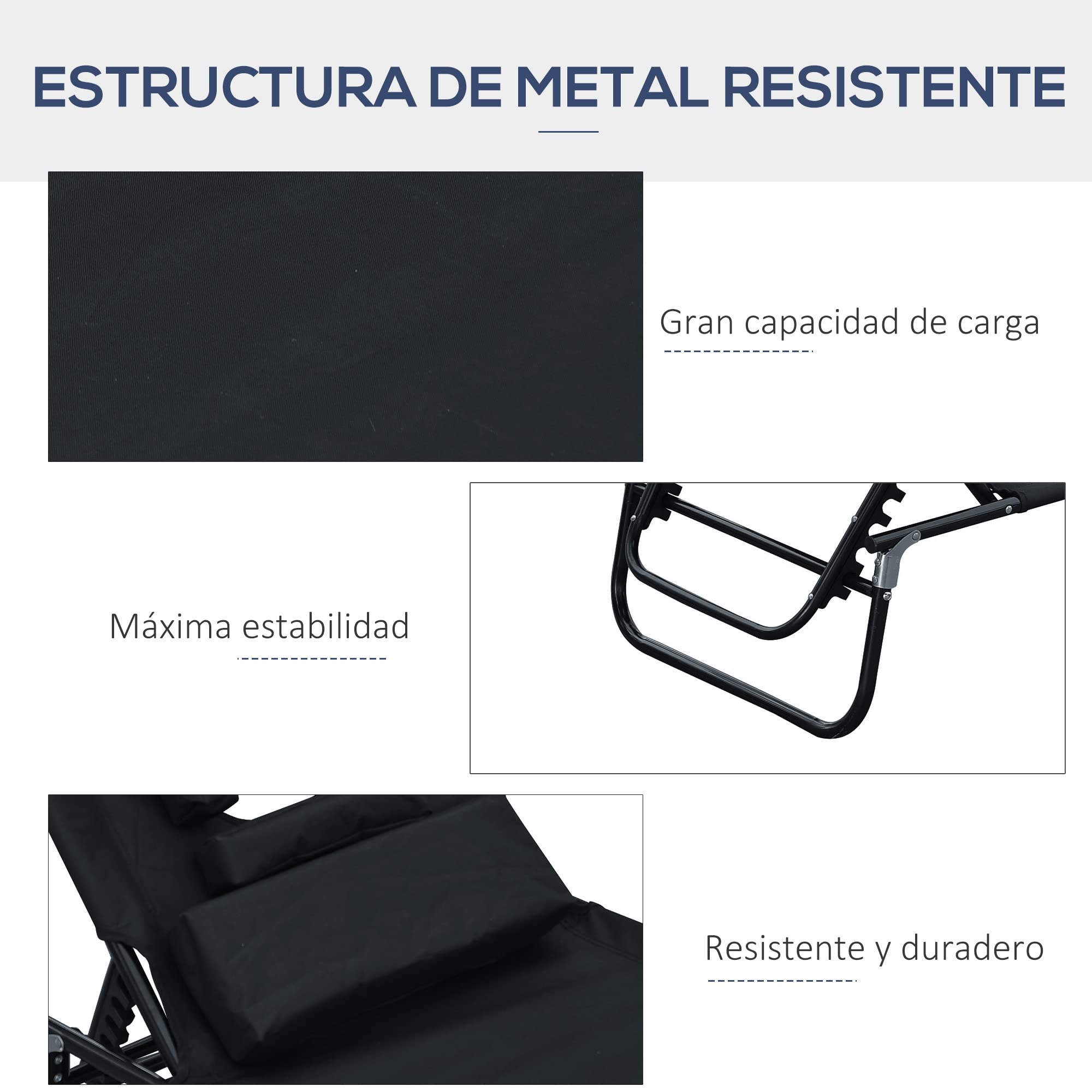 Tumbona Reclinable Acero Hamaca Plegable Playa con Almohada Masaje y Leer Negro