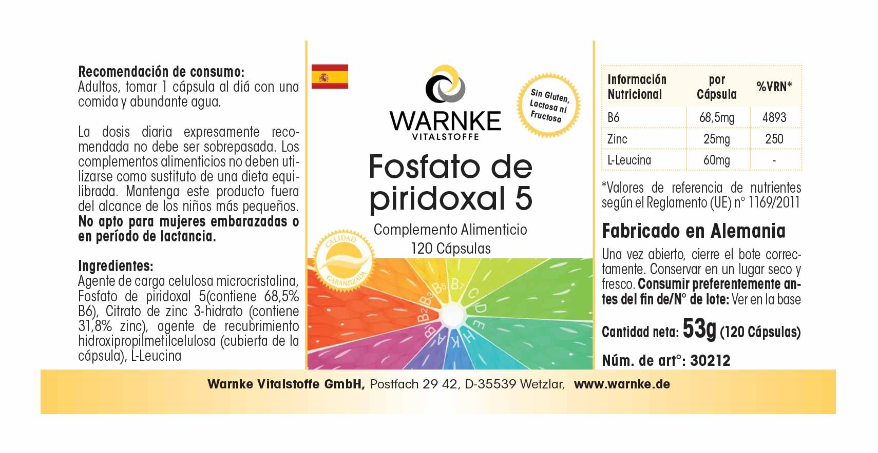 Pyridoxal-5-Phosphate 100 mg - 120 gélules de P-5-P avec 25 mg de zinc, 68,5% de vitamine B6 | Warnke Vitalstoffe - Qualité des pharmacies allemandes