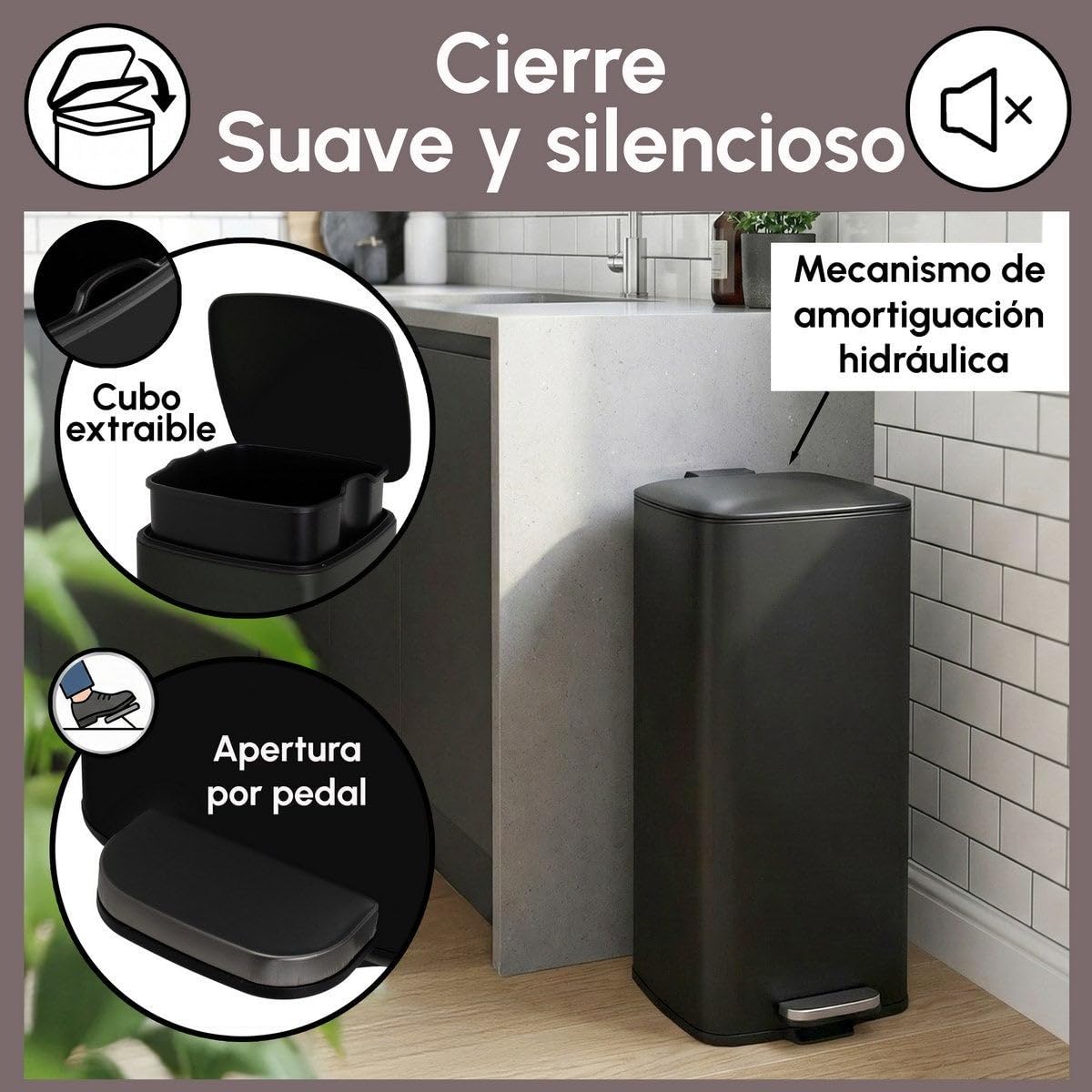 Cubo de Basura de 30 Litros de Acero Inoxidable Negro de 37x27x65 cm. Papelera con Cubo Interior Extraíble de Polipropileno con Asa y Apertura con Pedal