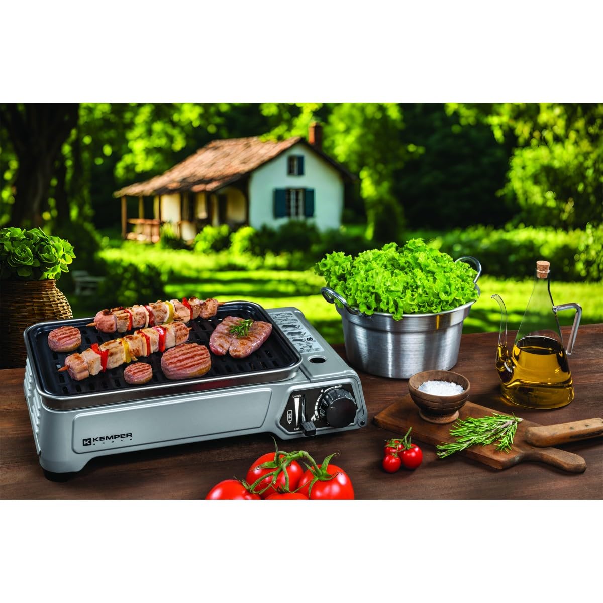 KEMPER Barbecue Portable à Gaz 1900W Allumage Piézo Plaque Grill Anti-Adhésive Kit 4 Cartouches Gaz Camping Mallette Transport