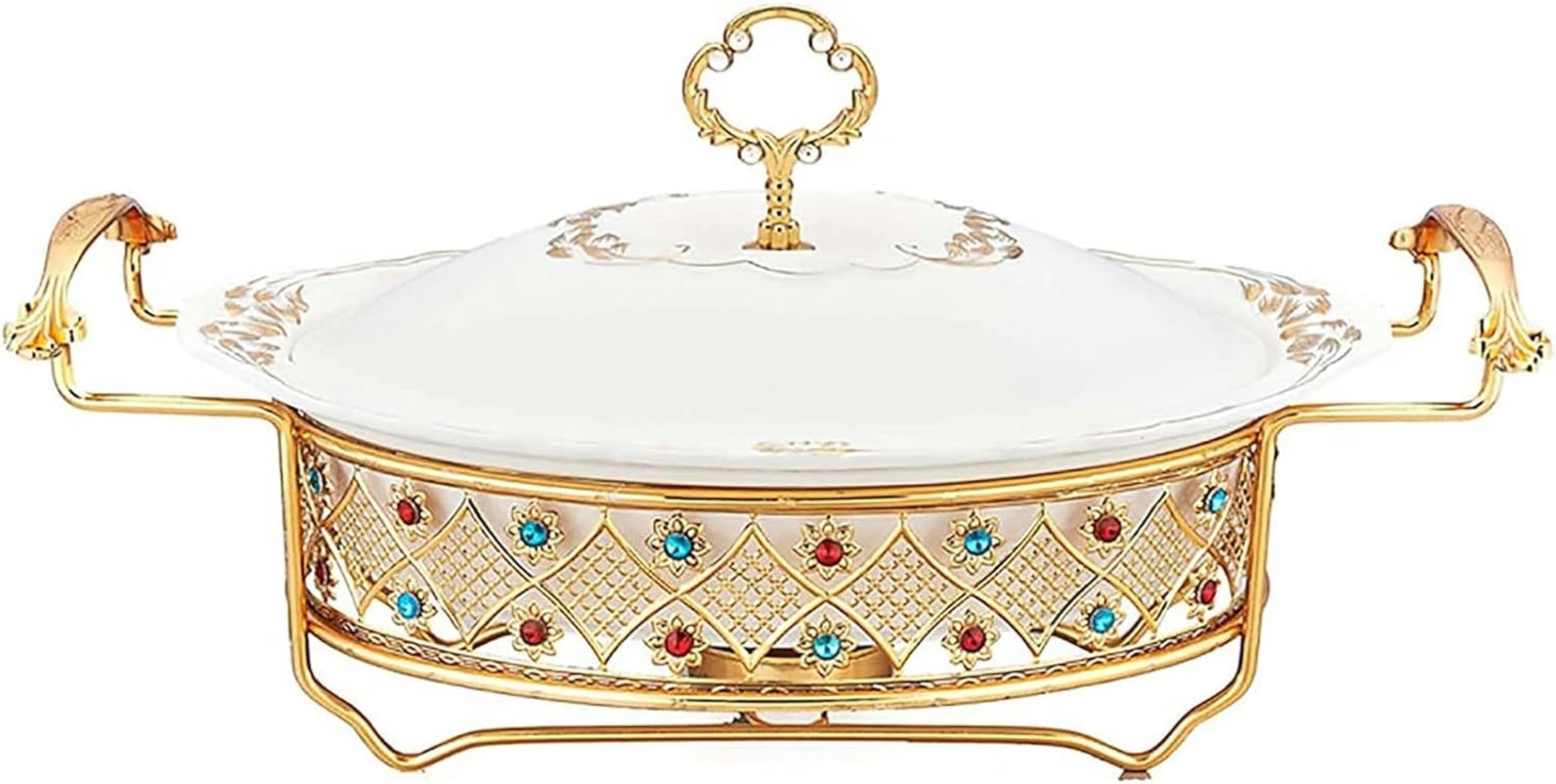 Hadecoll A Oval Ceramics Chafing Dish, Chaffing Servers With Luxury Rhinestone Fuel Holder Nd Lid, Chafers Dish Set For Buffet, Weddings, Parties, Christmas,Multi Colored,-1.5L
