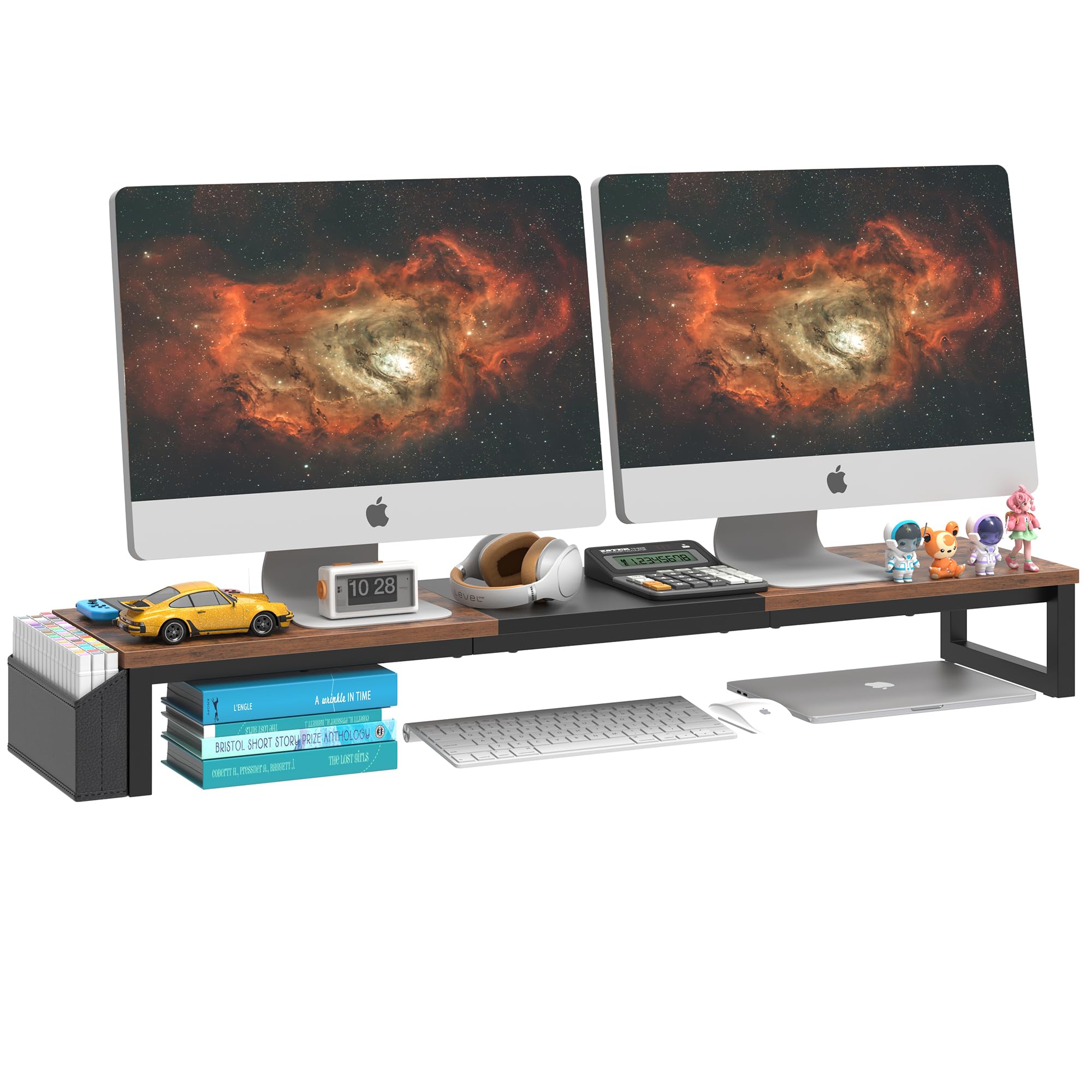 LAND·VOI Dual Monitor Stand Riser,41.5'' Long Monitor Stand for 2 Monitors, Wood Computer Riser with Pocket, Desktop Oraganizer with Pen Holder, Monitor Riser for Desk Computer,Laptop,TV, Rustic Brown