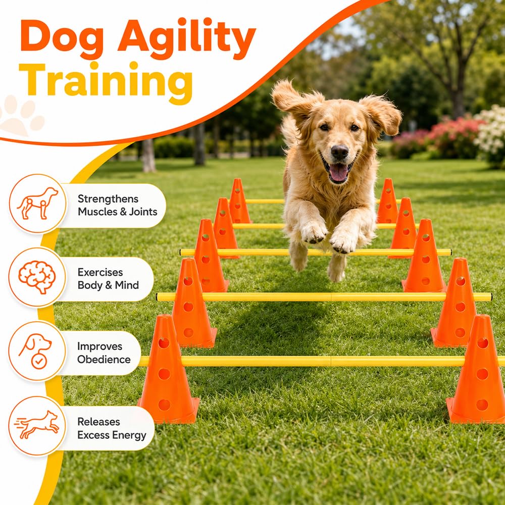 Steckhürdenset, Agility Set Hunde mit 12 Kegel(23cm) + 6 Stangen(1 m), Cavaletti Hund für Koordinationstraining, Pylonen Hundetraining, Einstellbare Trainingshürden für Hunde Teamsport Fussball