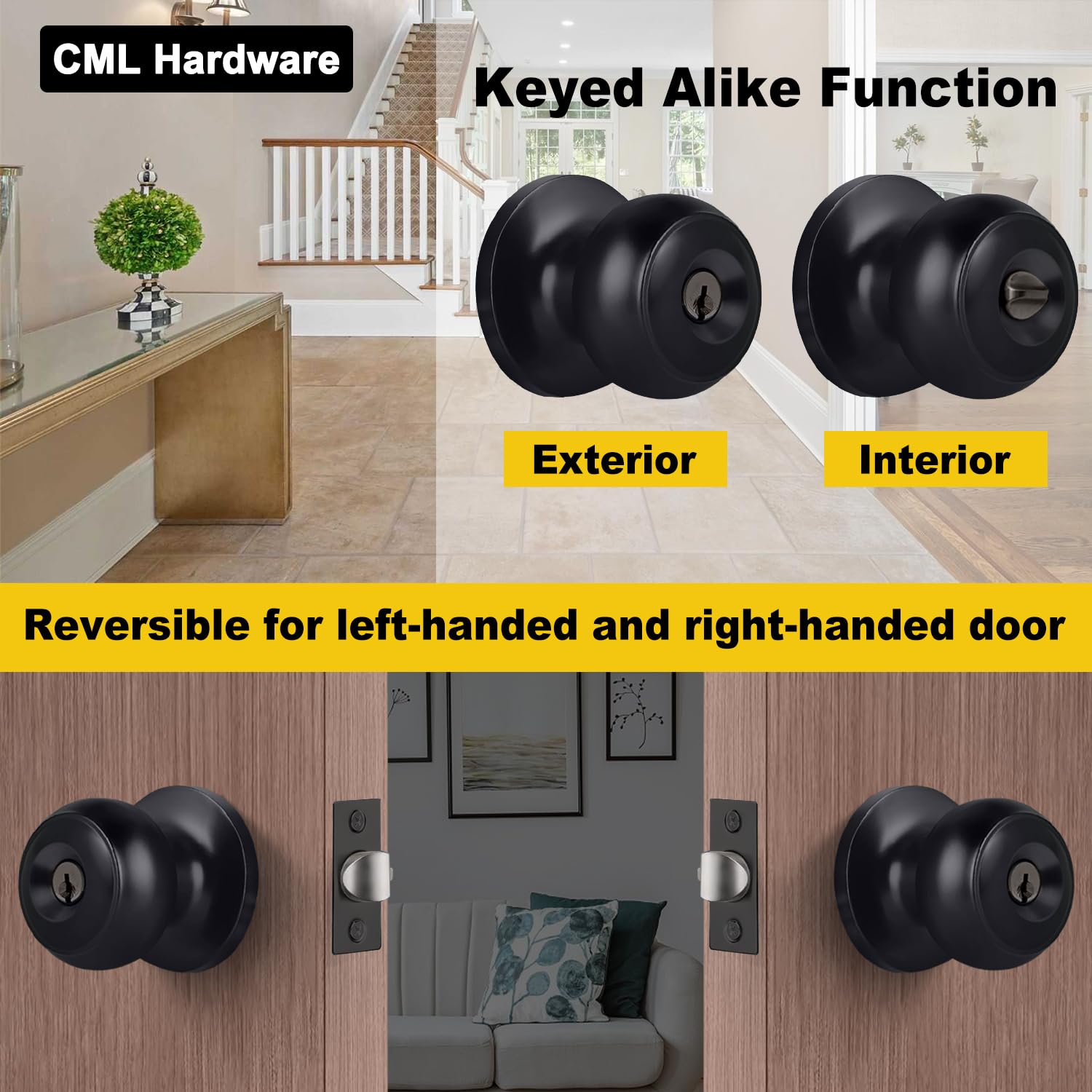 CML Hardware zestaw 3 sztuk gałek drzwiowych z wejściem na klucz, matowa czarna zewnętrzna blokada drzwiowa do drzwi wejściowych i frontowych, okrągła gałka