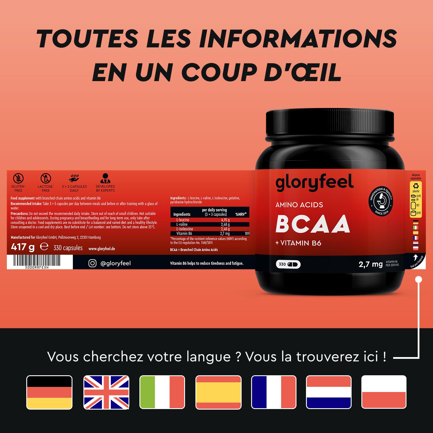 BCAA (330 Capsules), Acides Aminés Essentiels Fortement Dosée, Contient Leucine, Valine et Isoleucine avec Vitamine B6, Hautement Biodisponible, Contre la Fatigue*, Sans Arômes et Additifs
