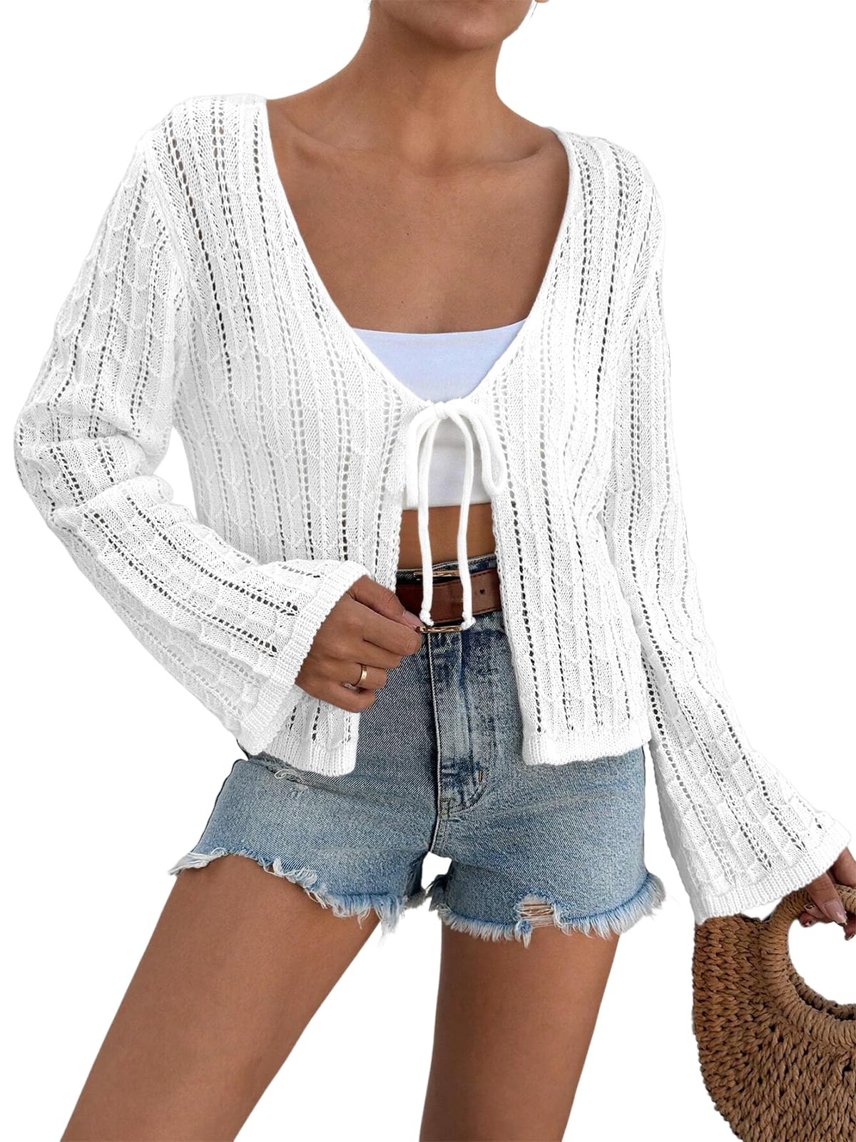 Yesfashion Womens Solid Long Sleeve V-Neck Bow Tie Cardigan Knit Shrugs Sweater