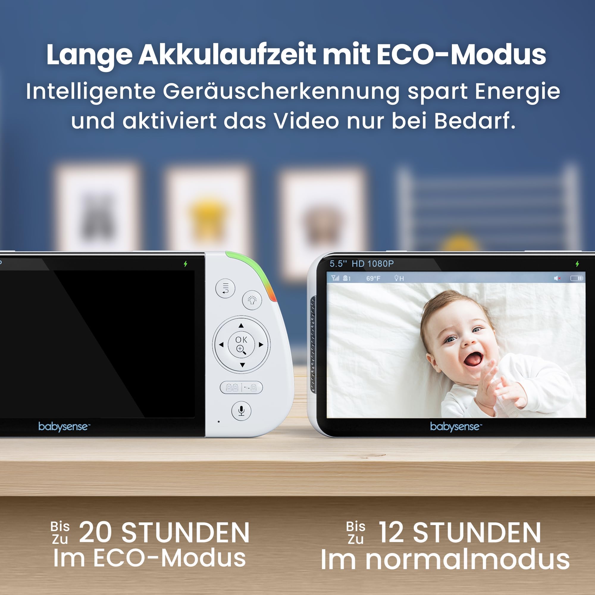 Babysense Full HD Split-Screen-Babyphone mit 2 Kameras, Nachtlicht in 6 Farben, Geräusch- & Lichtmaschine, 20-Stunden-Akku, abhörsichere Verbindung ohne WLAN
