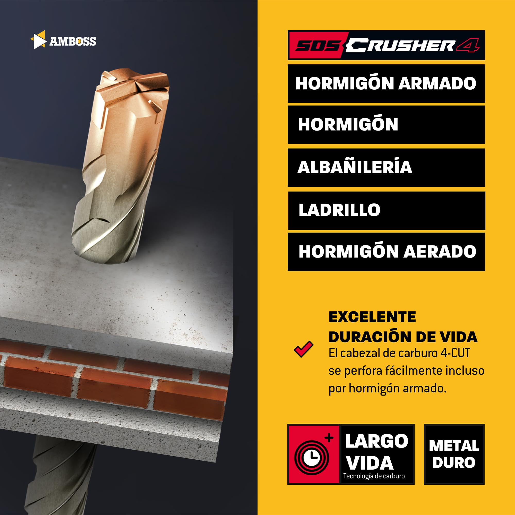 SDS Plus - Broca para martillo perforador, 4 unidades, PGM, diámetro 24,0 mm x 370 mm, herramientas AMBOSS SDS Crusher 4 - Broca HM para hormigón, carburo duro, broca profesional, 24,0 mm x 370 mm,