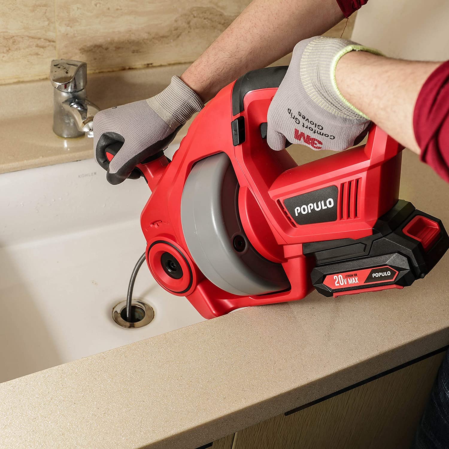 POPULO Drain Auger, Automatic Plumbing Snake, 25Ft(7.6m), 20-Volt Li-Ion, Cordless Drain Clog Remover, Power Tool for 3/4" to 2" Pipes, Replaceable Flexible Shaft