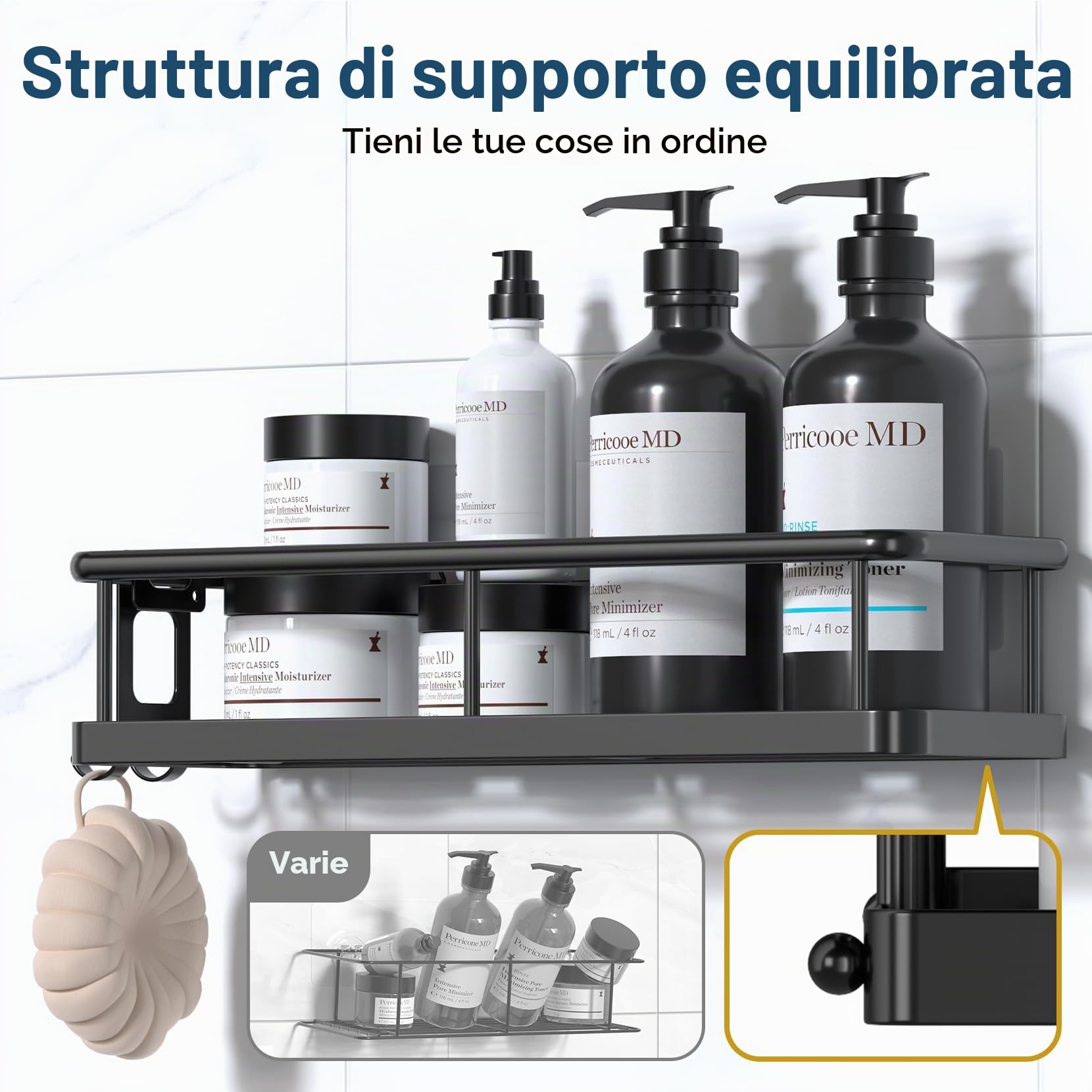 YASONIC Porta sapone per doccia 6 Pezzi Mensola doccia senza foratura, grande capacità con 12 ganci e Portasapone doccia, Impermeabile e antiruggine Porta shampoo doccia, Organizer doccia, Nero