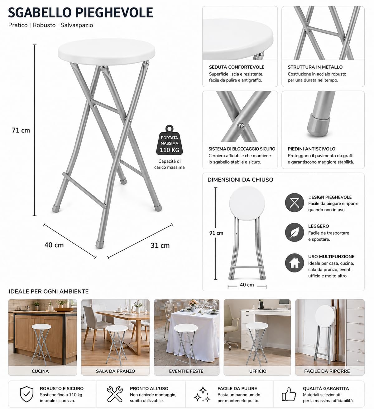 Generico Sgabello pieghevole da bar Sedia da cucina Sgabello pieghevole Sedia da bar diametro 31 cm altezza seduta ca. 70 cm portata fino a 100 kg Metallo/plastica (Grigio/Bianco 1 pezzo)