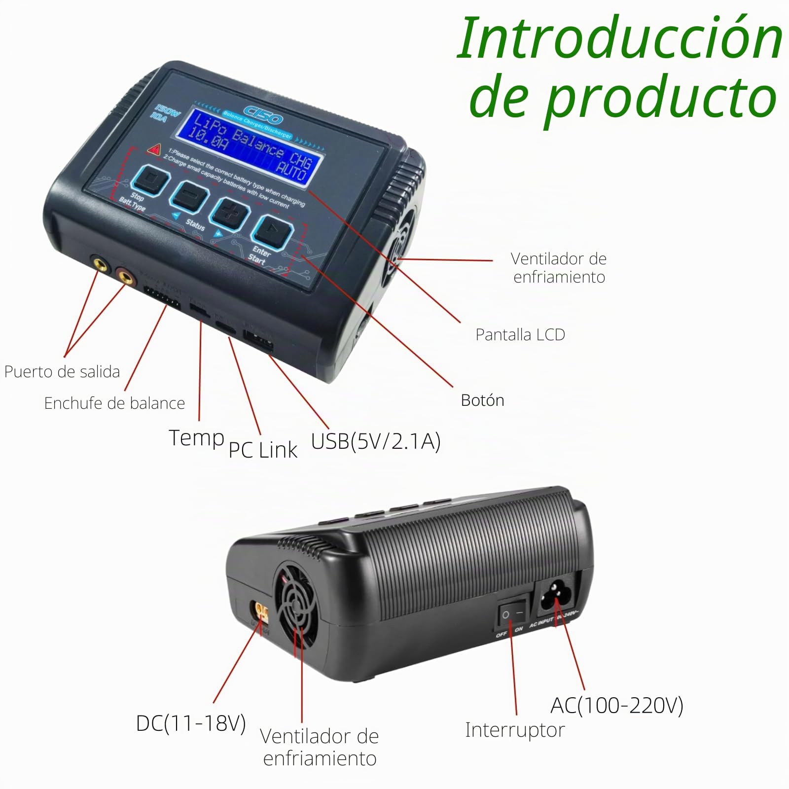 Cargador/descargador Inteligente de baterías de Litio C150 de 150 W y 10 A, Cargador RC para baterías LiPo, Li-Ion, Life, LiHV, NiMH, NiCd y PB, con Control por Pantalla LCD, múltiples interfaces