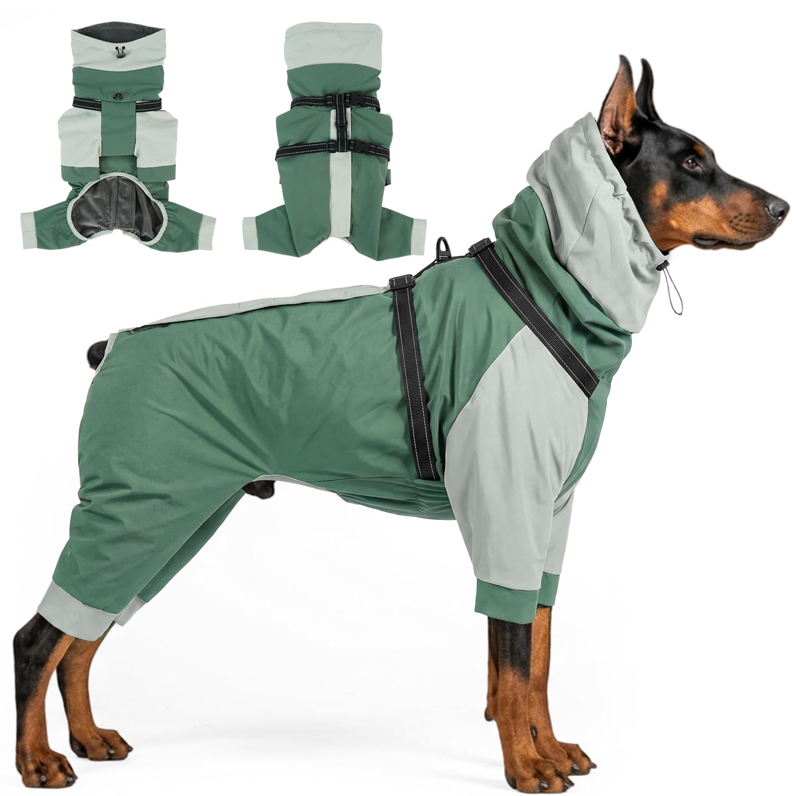 Lelepet Waterproof Dog Coat with Harness, Warm Dog Winter Apparel,Green 3XL
