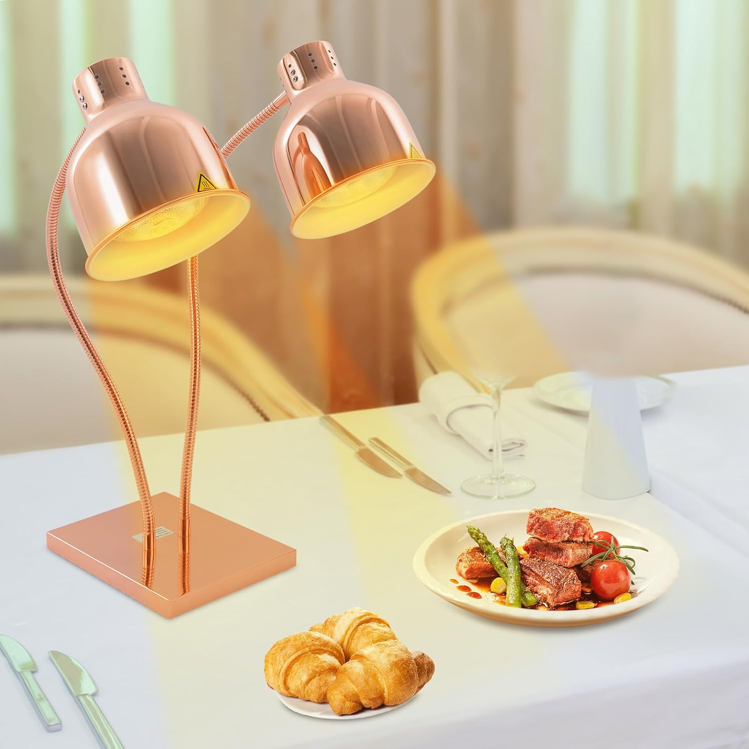 Food Heat Lamp, 500W Commercial Food Warmer Lamp with Dual Heads & Flexible Arm, Electric Portable Infrared Heating Lamp with 360°Adjustable Head for Restaurant Kitchen Buffet Table (Rose Gold)