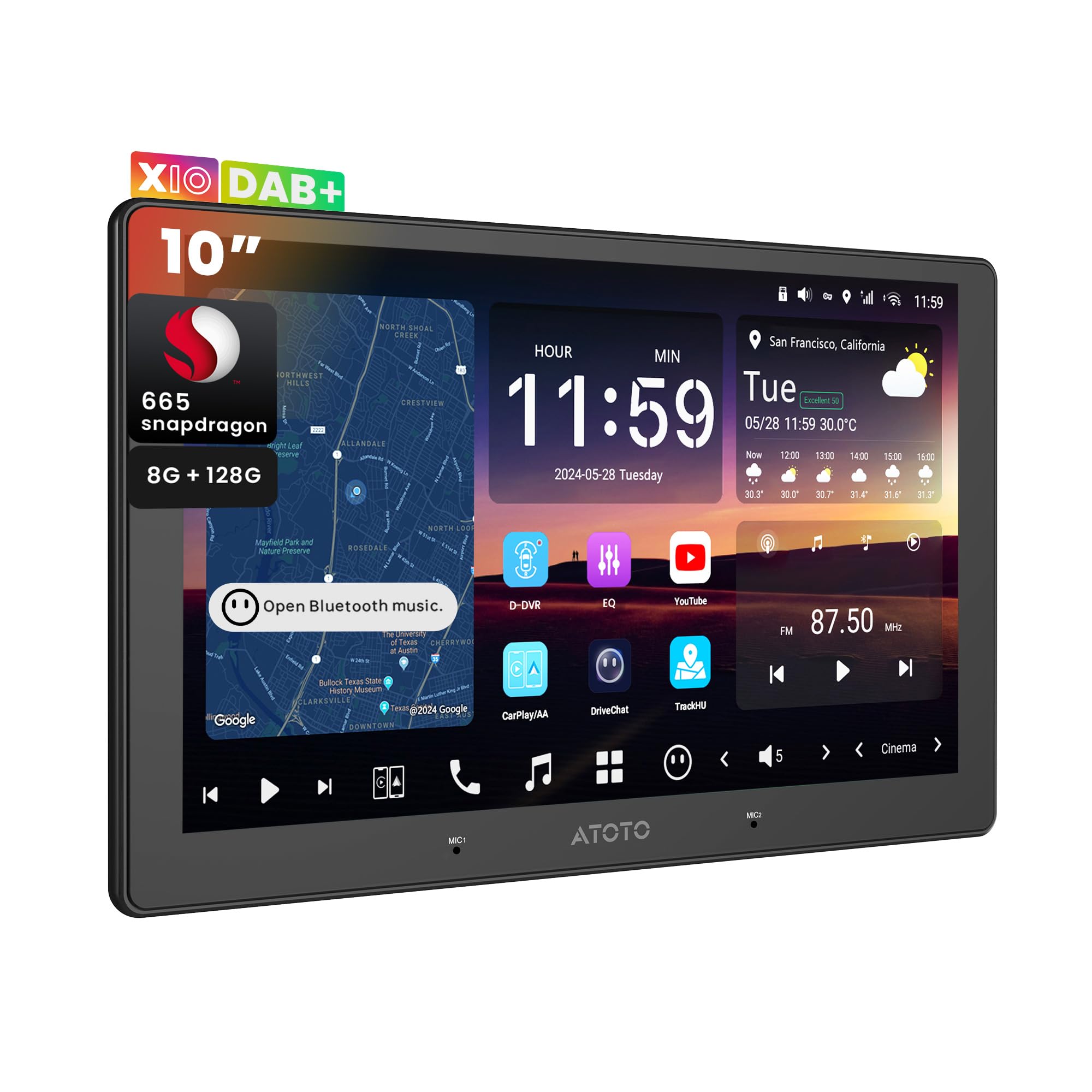 ATOTOZONE 10" QLED DAB AI Autoradio 2 Din Android, 8G+128G, Carplay Senza Fili & Android Auto, 4G LTE, DSP & 36B-EQ, Audio 7.1.2 Canali, Ingresso HDMI, 2 Wifi & Bluetooth, Tracciamento GPS, X10DG211E