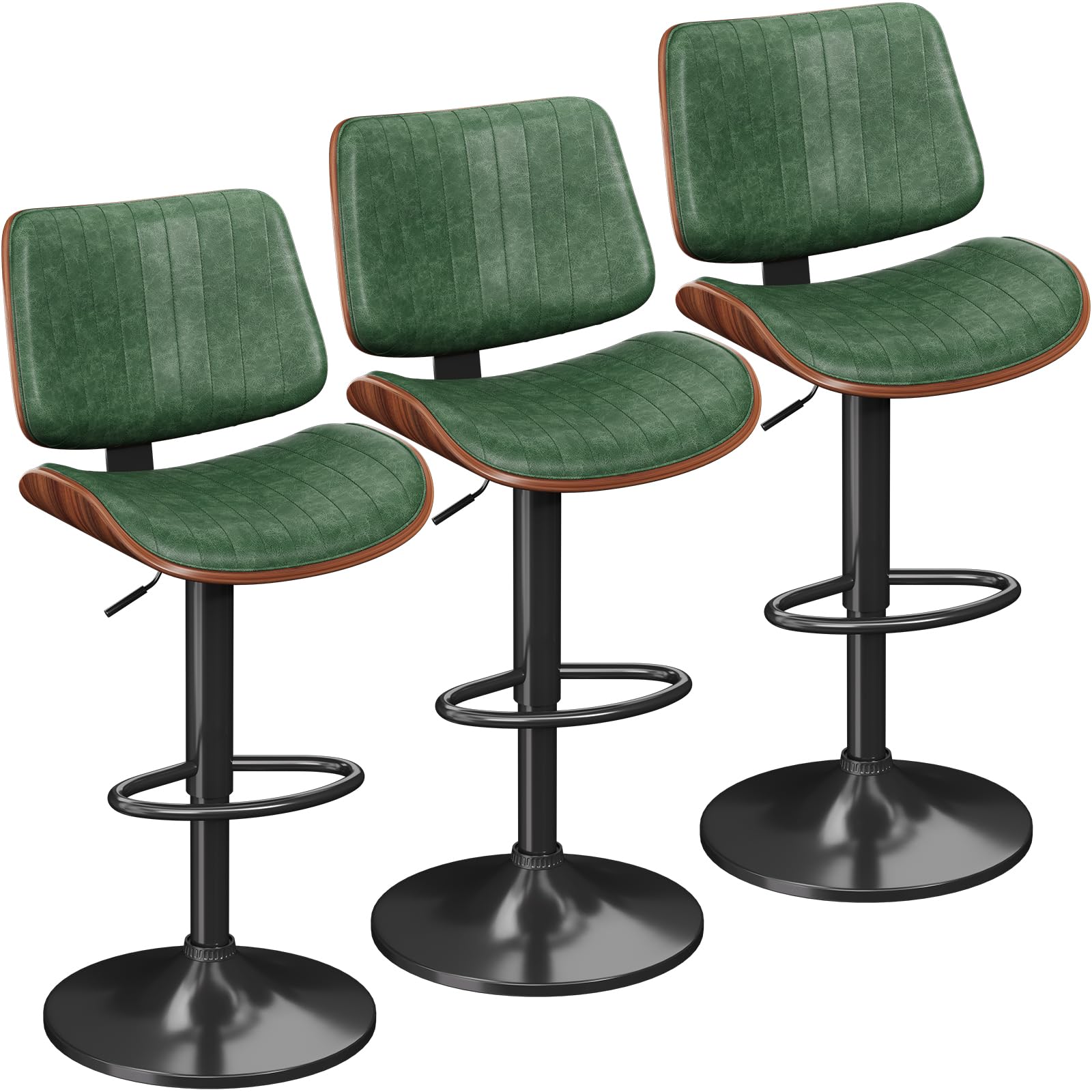 YaFiti Swivel Bar Stools Set of 3, Bar Stools for Kitchen Island with Bentwood Back and Leather Seat, Counter Height Barstools for Kitchen Counter,