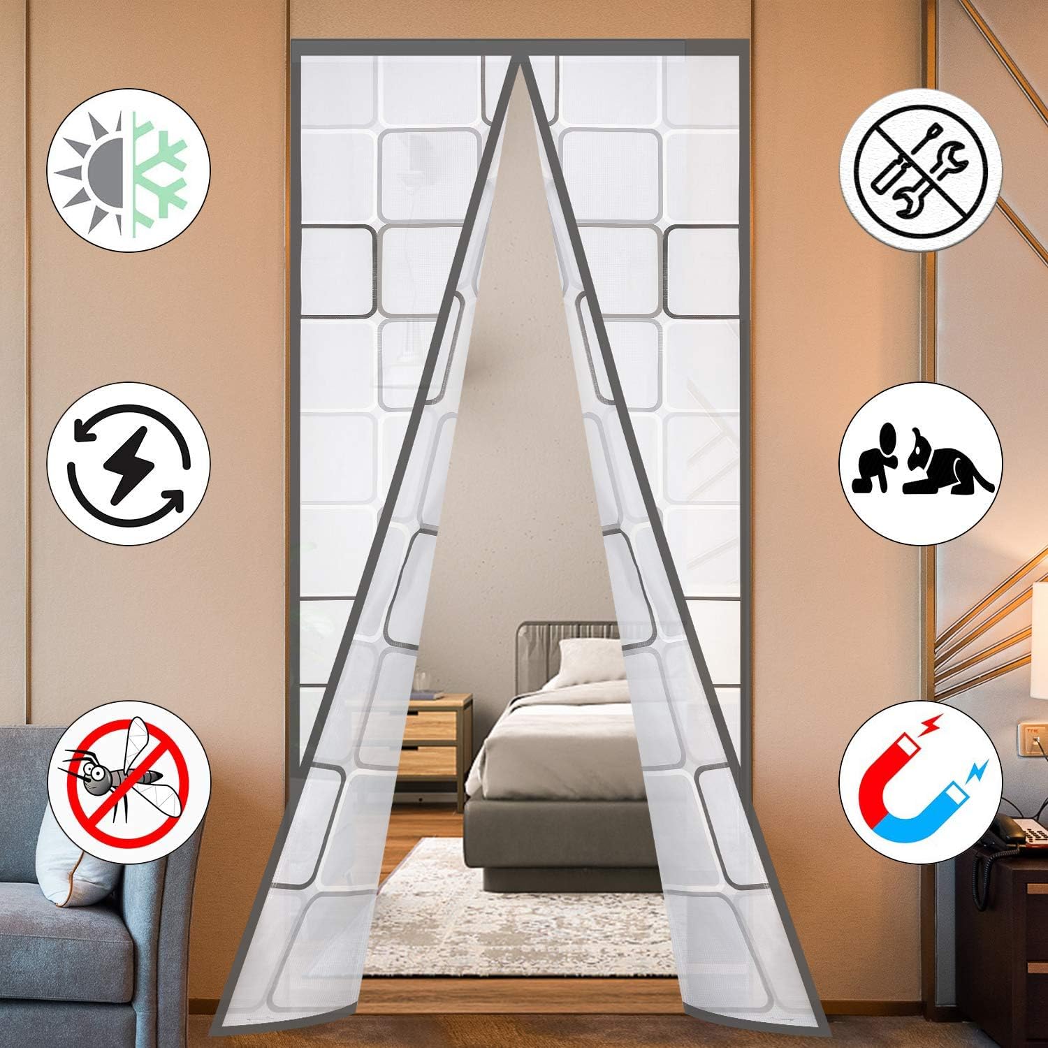 Insulated Door Curtain, Thermal Magnetic Self-Sealing EVA Door Screen Winter Stop Draft Keep Cold Out Cover for Kitchen, Bedroom, Air Conditioner Room,Hands Free,Fits Doors up to 34" x 80", Grey