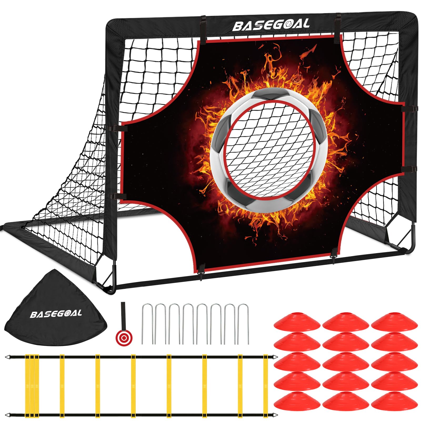 BaseGoal 3 en 1 Cage de Football pour Jardin 120x90cm | But de Foot Exterieur Pliable avec Cible Suspendue, Ballons de Football et Cônes de Football pour Adolescents
