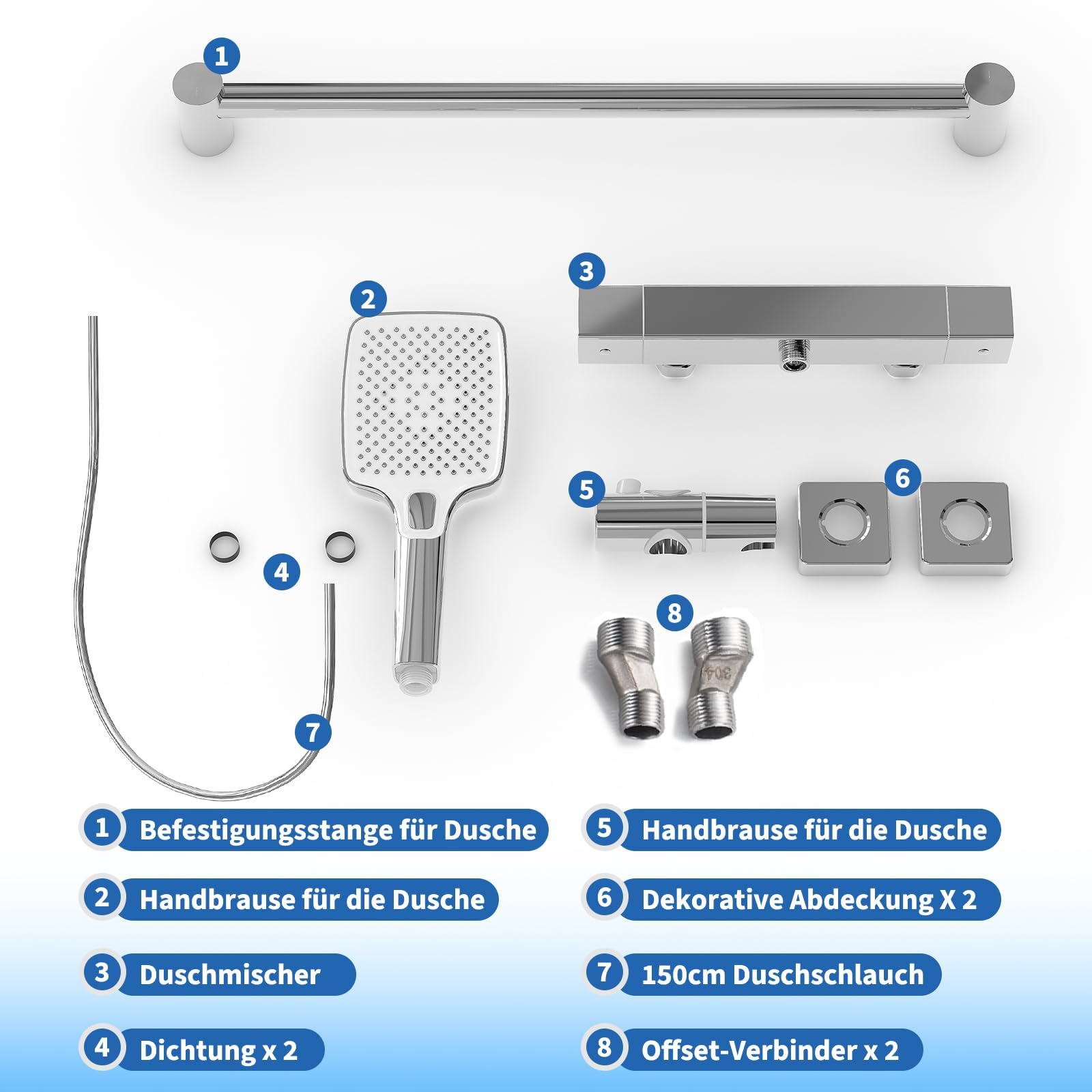 Garvee Grifo termostático de ducha antiquemaduras con botón de seguridad de 38 °C, barra de ducha de acero inoxidable ajustable en altura, 3 funciones, manguera de 1,5 m, juego completo, salida