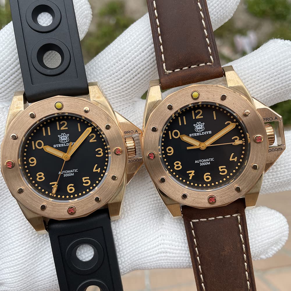 Steeldive SD1945S Automatische mechanische Taucheruhr NH35 CUSN8 Bronze-Gehäuse 200 m wasserdichte Armbanduhr, Lederarmband, Taucher, mechanisch
