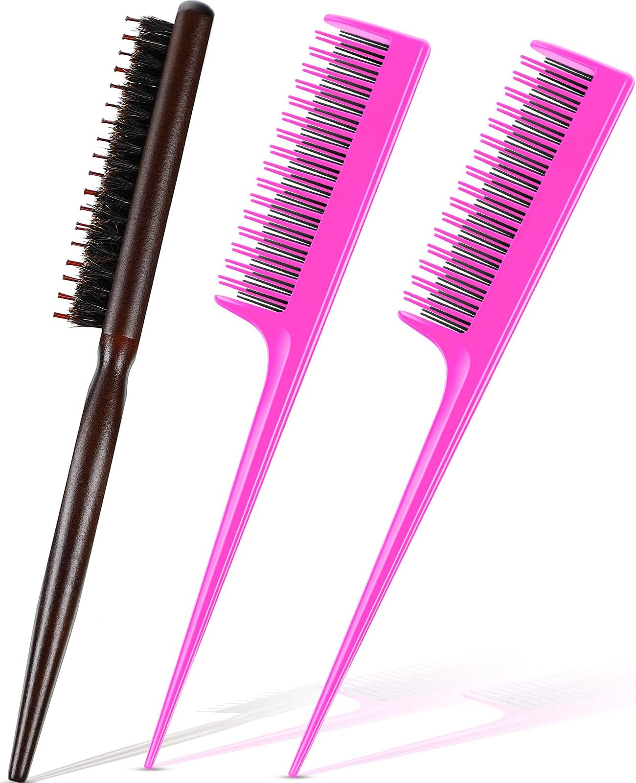 Patelai 3-Piece Hair Comb Set Includes 3-Row Nylon Teasing Brush, Boar Bristle Teaser Brushes, and Triple Teasing Combs for Women Stylists - Pink and Black