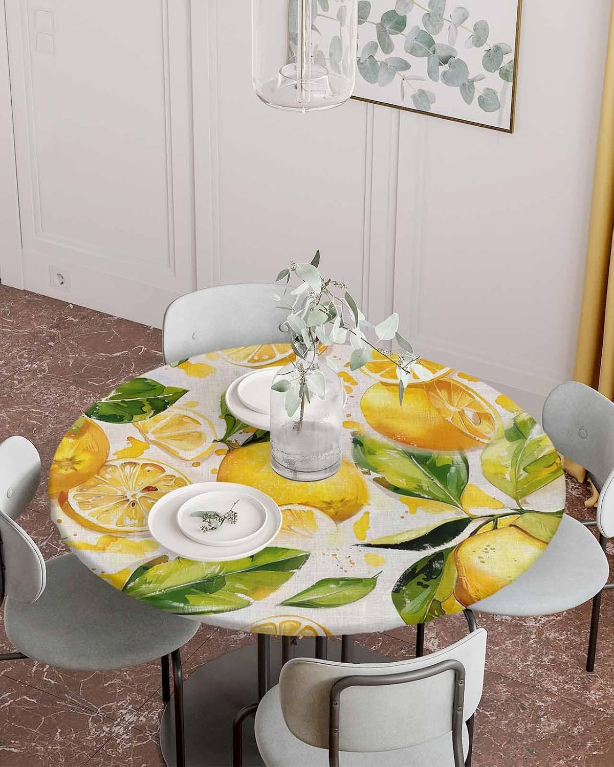 Summer Yellow Lemon Kitchen Fitted Tablecloth for Round Table,Watercolor Yellow Fruit Table Cover with Elastic Edge Waterproof Table Cloth,Retro Linen Circle Table Covers for Outdoor Picnic 36-44in