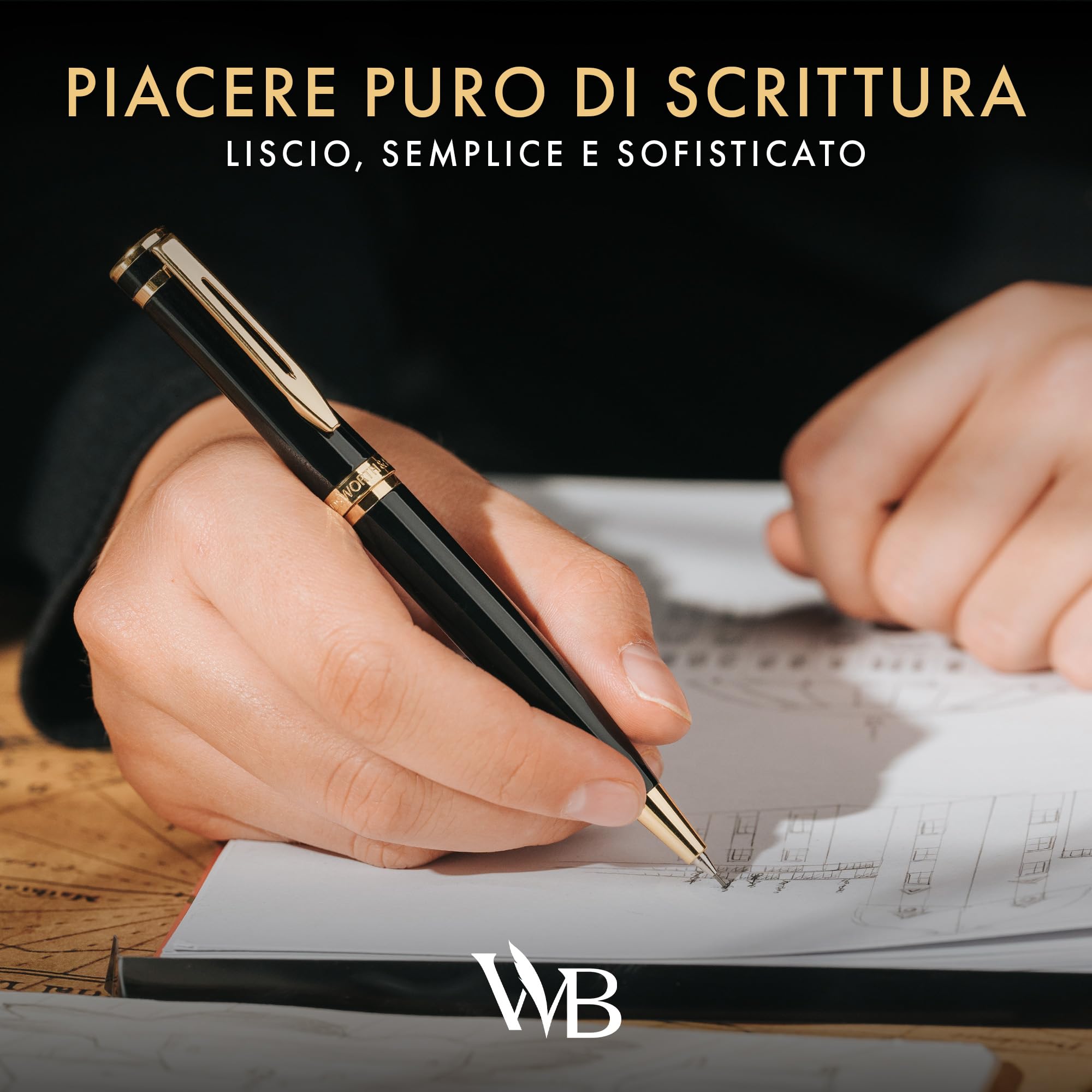Wordsworth & Black Matita Meccanica Mina di Grafite - Laccatura Nera con Finitura in Oro 24K, Mina da 0,7 mm, Set Regalo per Uomo e Donna, Matite Professionali per Ufficio