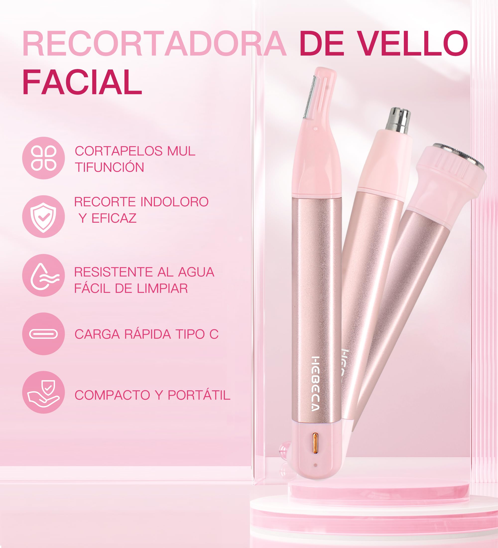 HEBECA Recortadora de vello nasal para mujer 3 en 1 - Recargable, impermeable, portátil con bolsa de viaje - Recorta nariz, oídos, cejas, vello fino, labios, barbilla, eliminador de vello facial (Rosa