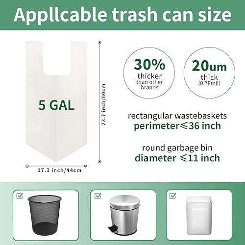 Miniatura 2 de Bolsas de basura biodegradables con asa de 4 a 5 galones, bolsas de basura 100% compostables, bolsas de basura para cocina, baño, oficina, jardín,