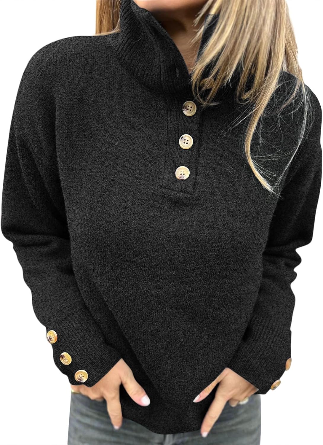 Sweaters for Women Long Sleeve Button V Neck Shirts Business Casual Work Blouses Fall Knit Pullover Sweater Tops