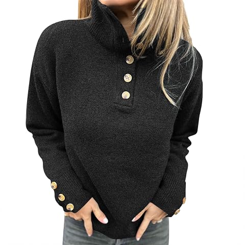 Turtleneck Sweaters for Women Fall Winter Long Sleeve Knit Pullover Button Down Sweater Solid Color Loose Fit Sweater