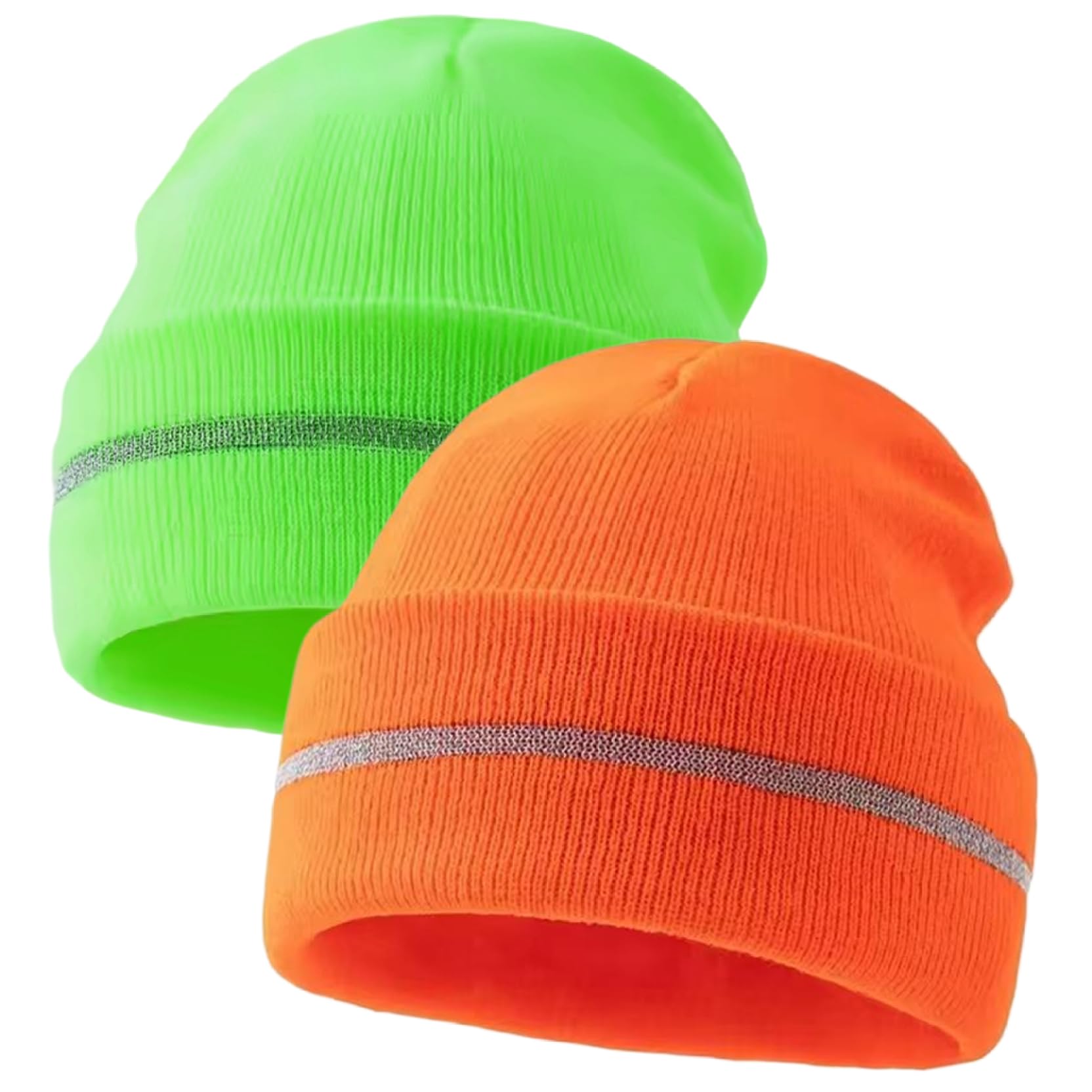 Tsawntd Unisex Orange+Green 2Pcs Reflective Beanie Knit Warm Hi Vis Beanie Adult Safety Reflective Hat For Outdoor Running, Cycling, Hiking, Skiing, Orange & Green, Skullies Beanies
