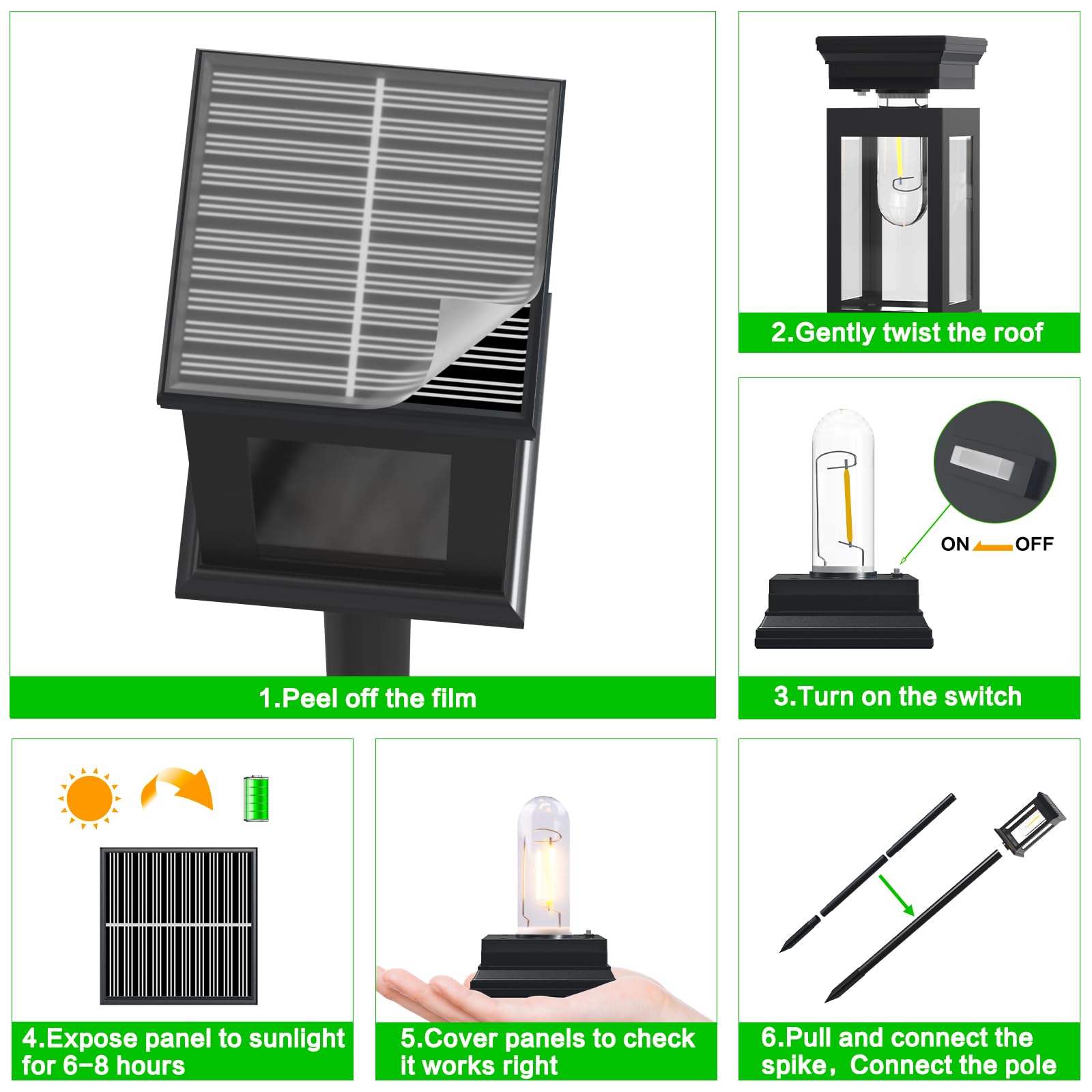 Paquete De 6 Luces Solares Para Jardín Exterior, Luces LED Tradicionales De Tungsteno Blanco Cálido De 3000K, Batería De 800 Mah, Impermeables IP65, Ideales Para Parterres,Camino, Césped, Regalo