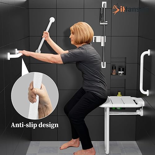 Miniatura 3 de Asiento de ducha plegable montado en la pared, capacidad de 500 libras, banco de ducha de acero inoxidable de 14 x 16 pulgadas con barra de agarre