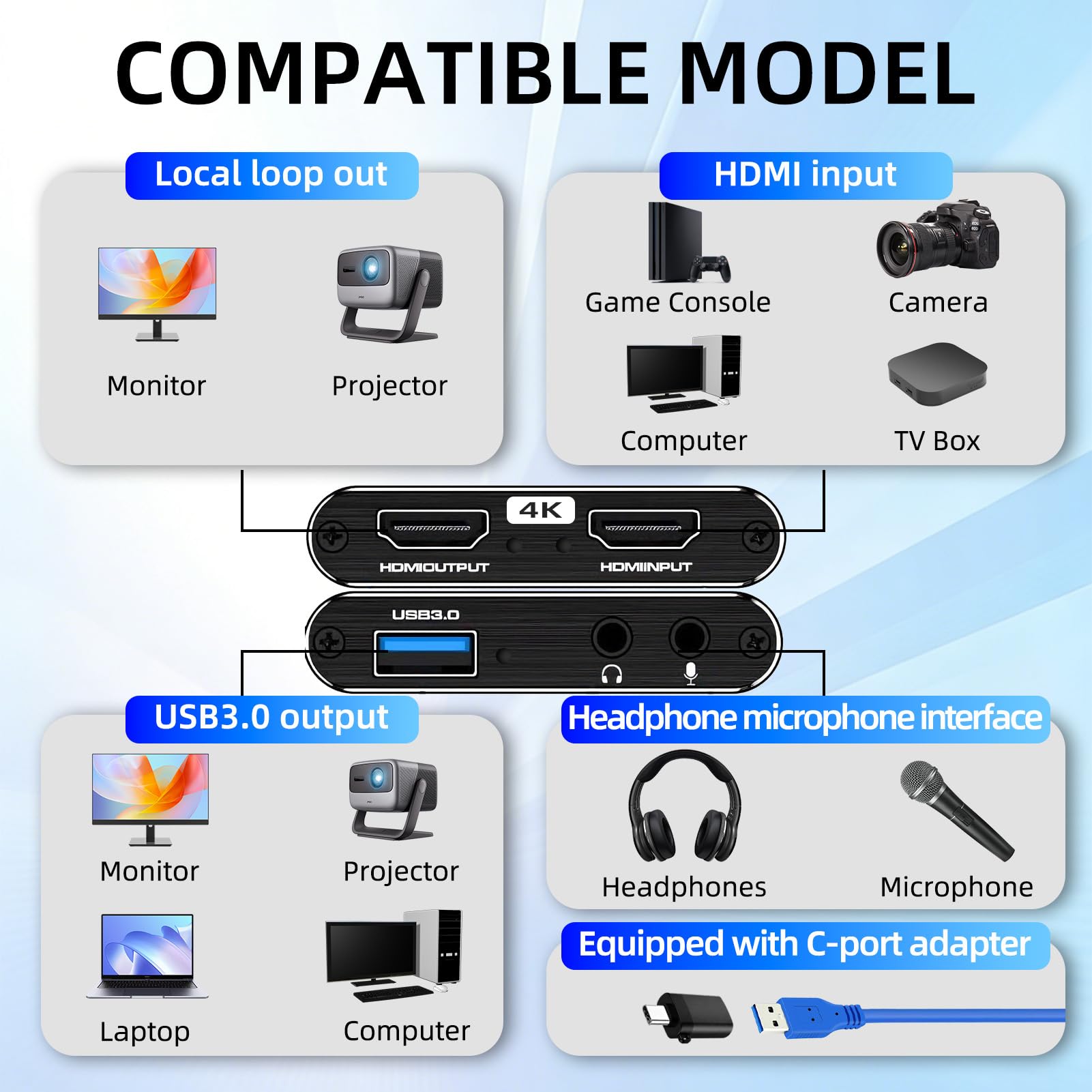 4K HDM Audio Video Capture Card, 1080P 30FPS USB 3.0 Full HD 4K@30Hz Game Streaming Capture Cards Device Compatible with PS5 PS4 Switch Xbox OBS Mac Linux Windows Camera Live Broadcasting Recording — view 6