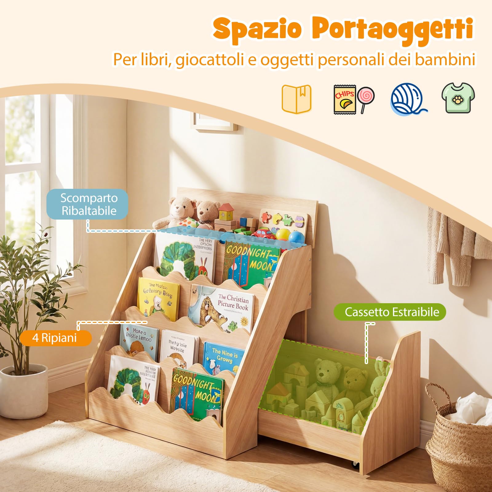 COSTWAY Libreria Montessoriana per Bambini 2in1, Scaffale per Libri a 4 Livelli con Carrello Portagiochi, Vano con Coperchio Ribaltabile, per Cameretta e Stanza dei Giochi, 63x49x61,5 cm (Naturale)