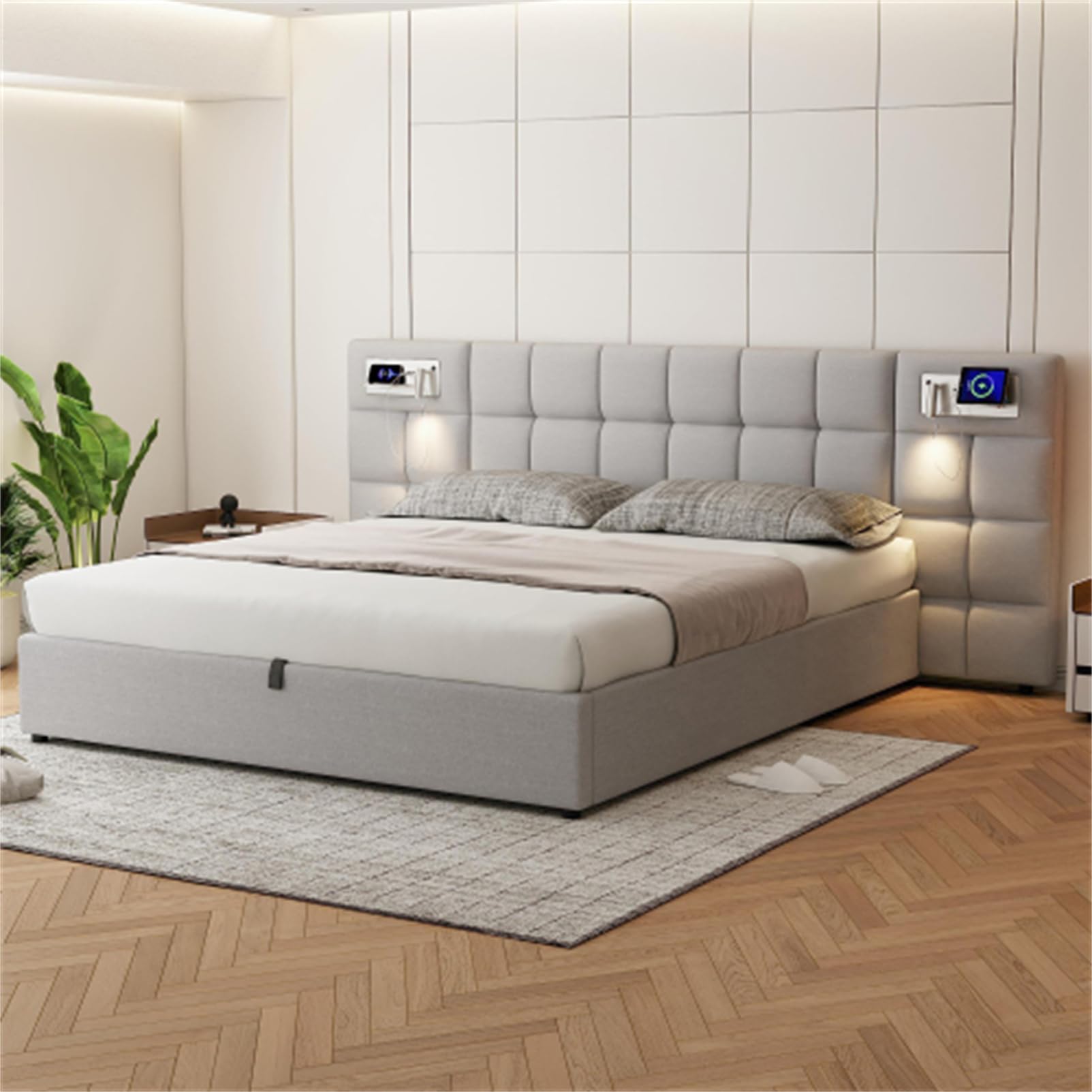 Letto imbottito 180x200 cm con porta USB e ricarica wireless e lampada illuminata letto matrimoniale king size per adulti letto idraulico letto familiare PU letto per gli ospiti grigio