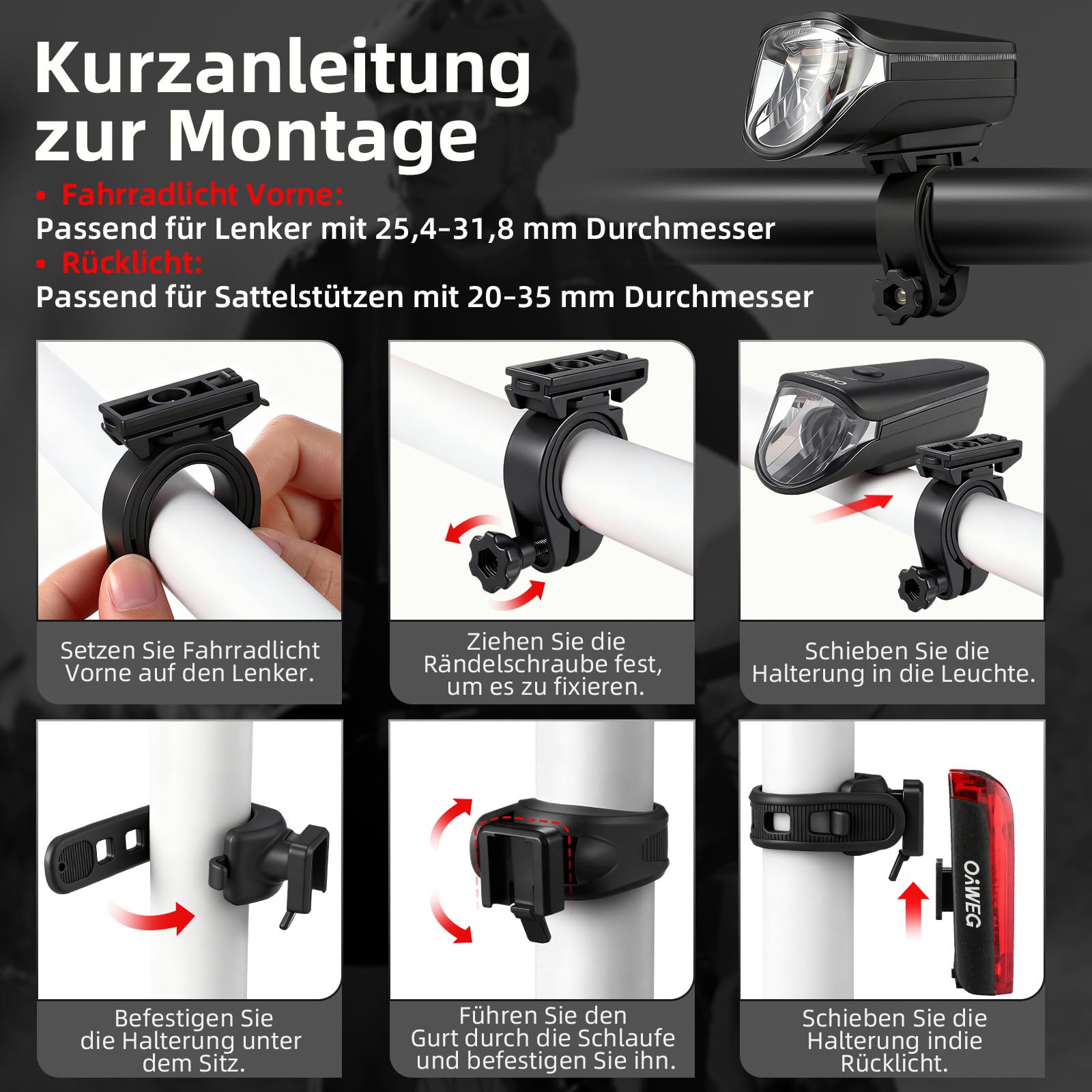 Fahrradlicht Set StVZO zugelassen, 100 Lux Frontlicht mit Auto-Modus, Rücklicht mit Bremslicht blinkend, USB-C aufladbar, Akkuanzeige, IPX4 spritzwassergeschützt, einfache Montage