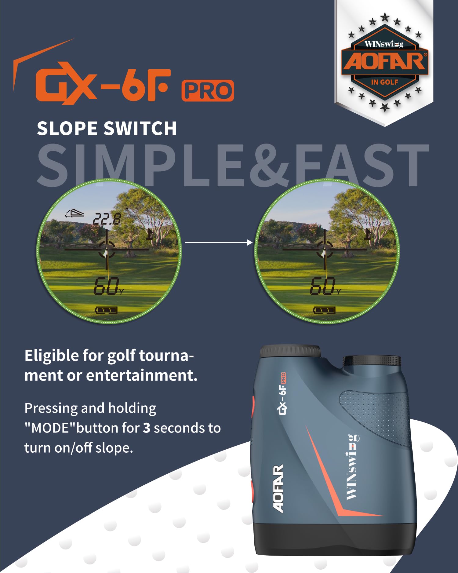 AOFAR GX-6F PRO Telemetro golf con Pendenza, 600Y, Telemetro a Scansione Continua, Blocco Bandiera Con Vibrazione Pulsata Per Le Competizioni, Lettura Di 0,2 Secondi, Versione Aggiornata
