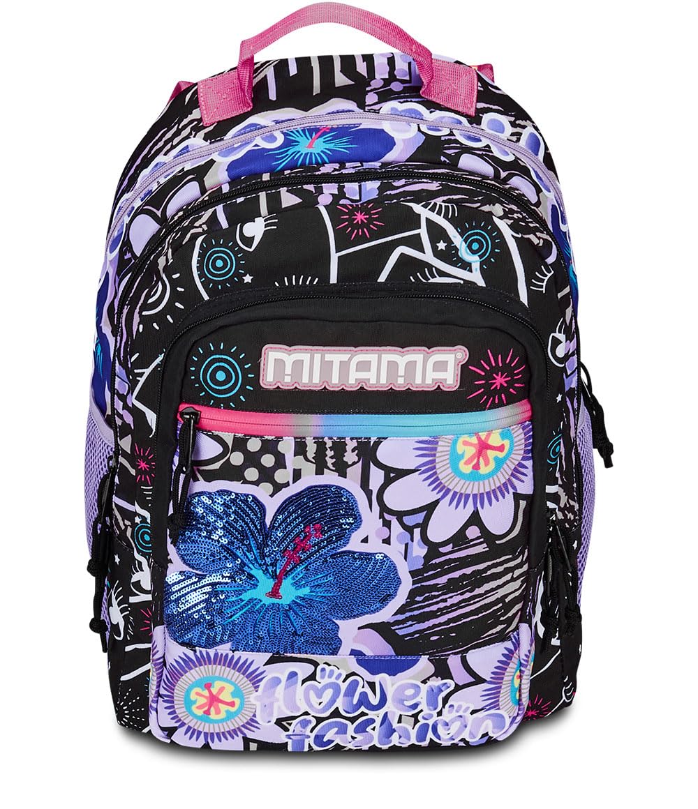 Mitama Zaino Triplo Scomparto Flower Fashion con Tasca frontale, Viola e Nero, Scuola Elementare e Tempo Libero, Bambina Ragazza