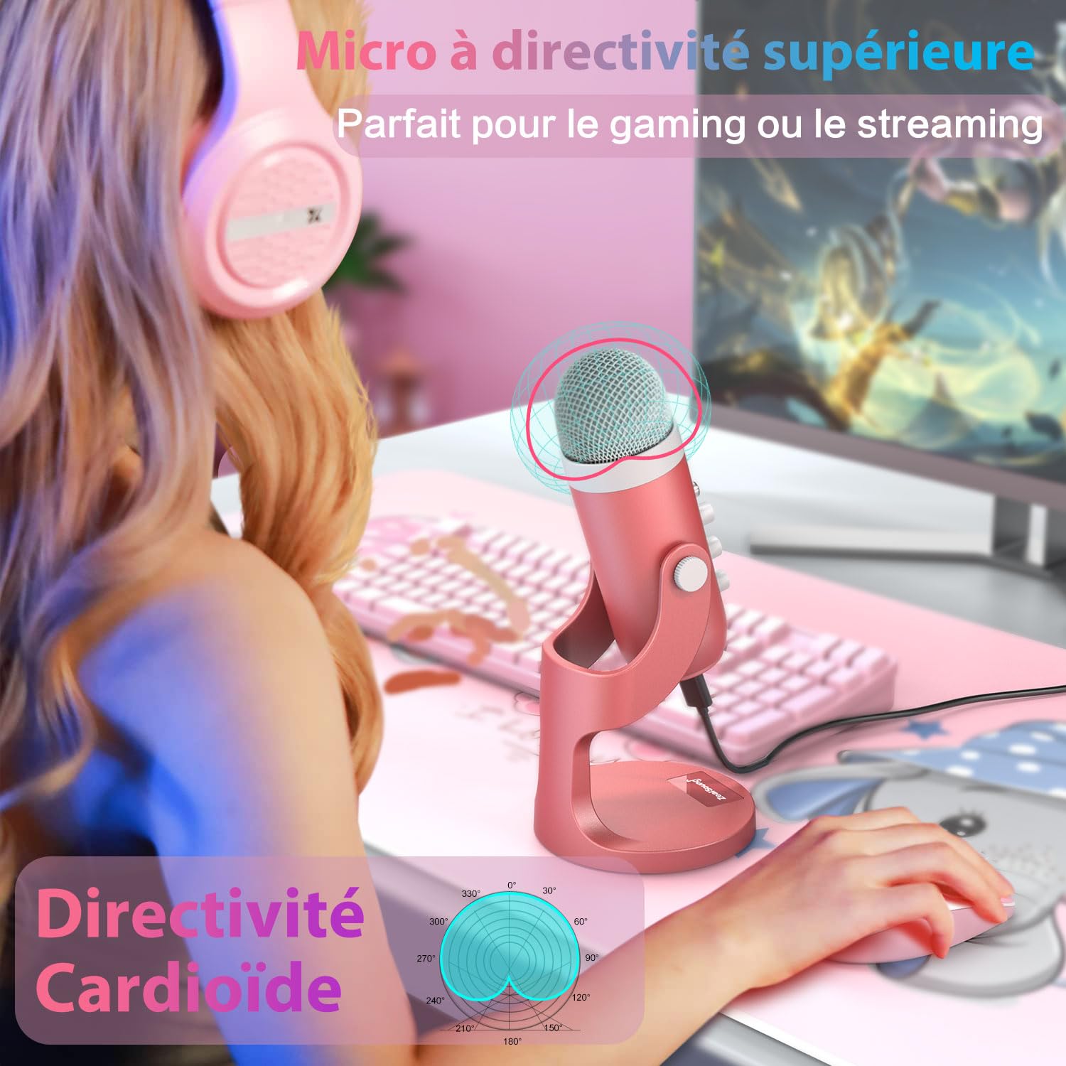zealsound Micro USB, k66 Gaming Microphone de Jeu pour PC, téléphone, PS4 et PS5, Micro à condensateur cardioïde avec Button de sourdine et Gain pour Streaming, ASMR, podcasts, TikTok, Youtube- Rose