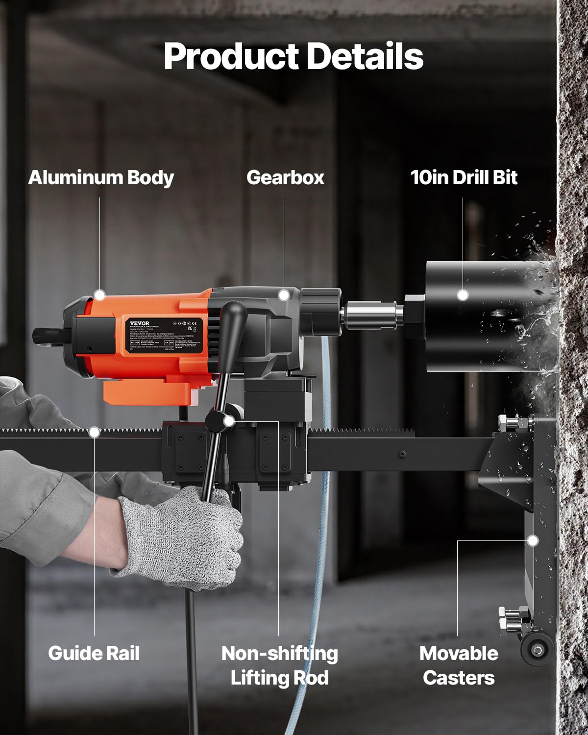 VEVOR Carotteuse à Diamant avec Support Diamètre Max. 26 cm Profondeur 60 cm 3200 W Perceuse au Diamant 750 tr/min Appareil de Forage Diamant Perçage Humide pour Percer Trous Béton Armé Construction