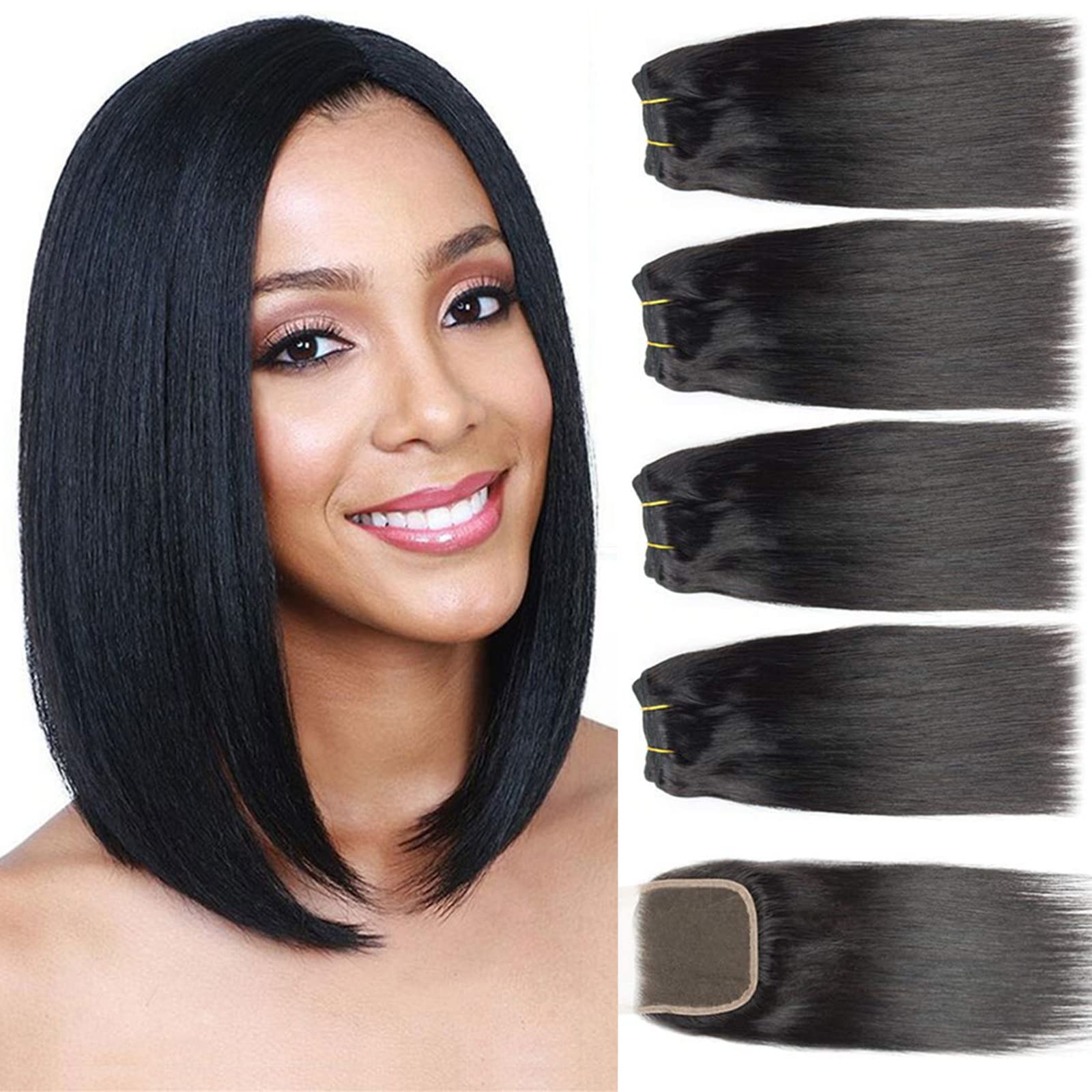 DMS Straight Bundles with Closure Brazilian Virgin Hair Body Wave 4 Bundles With 4x4 Free Part Closure, 100% Unprocessed Human Hair Bundles, Lace Closure Natural Black(8" 8" 8" 8"+8" Closure)