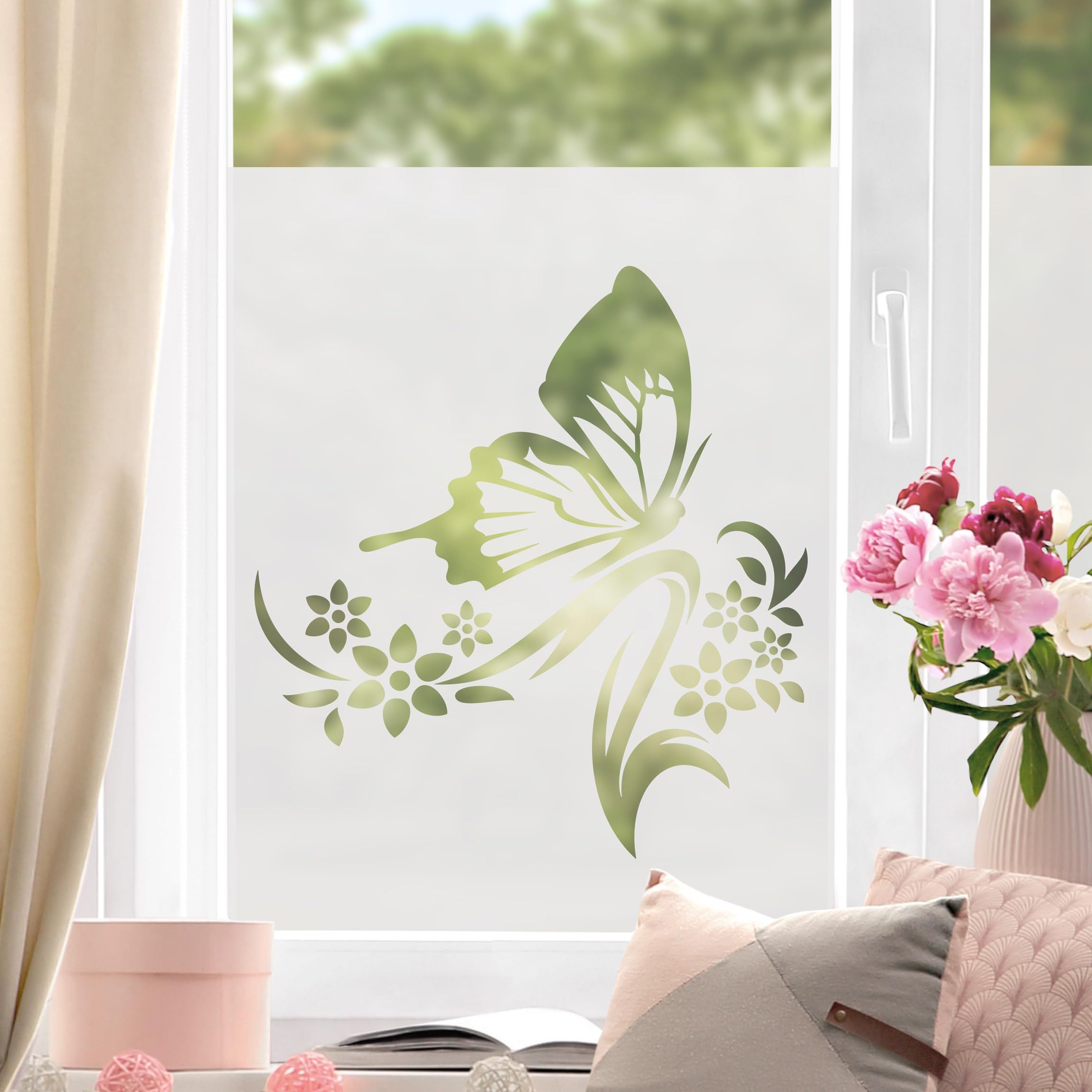Fensterfolie statisch haftend Blumen Sichtschutz Milchglas - Made in Germany - Schmetterlinge Modern Blickdicht Scheibe Innen Schlafzimmer Wohnzimmer Küche Glas 1673 (60x60cm)