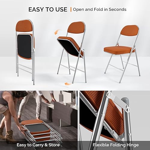 Miniatura 6 de VINGLI Paquete de 2 sillas plegables con asiento y respaldo acolchados, marco de metal, tela de pana duradera, capacidad de 350 libras, juego de 2,